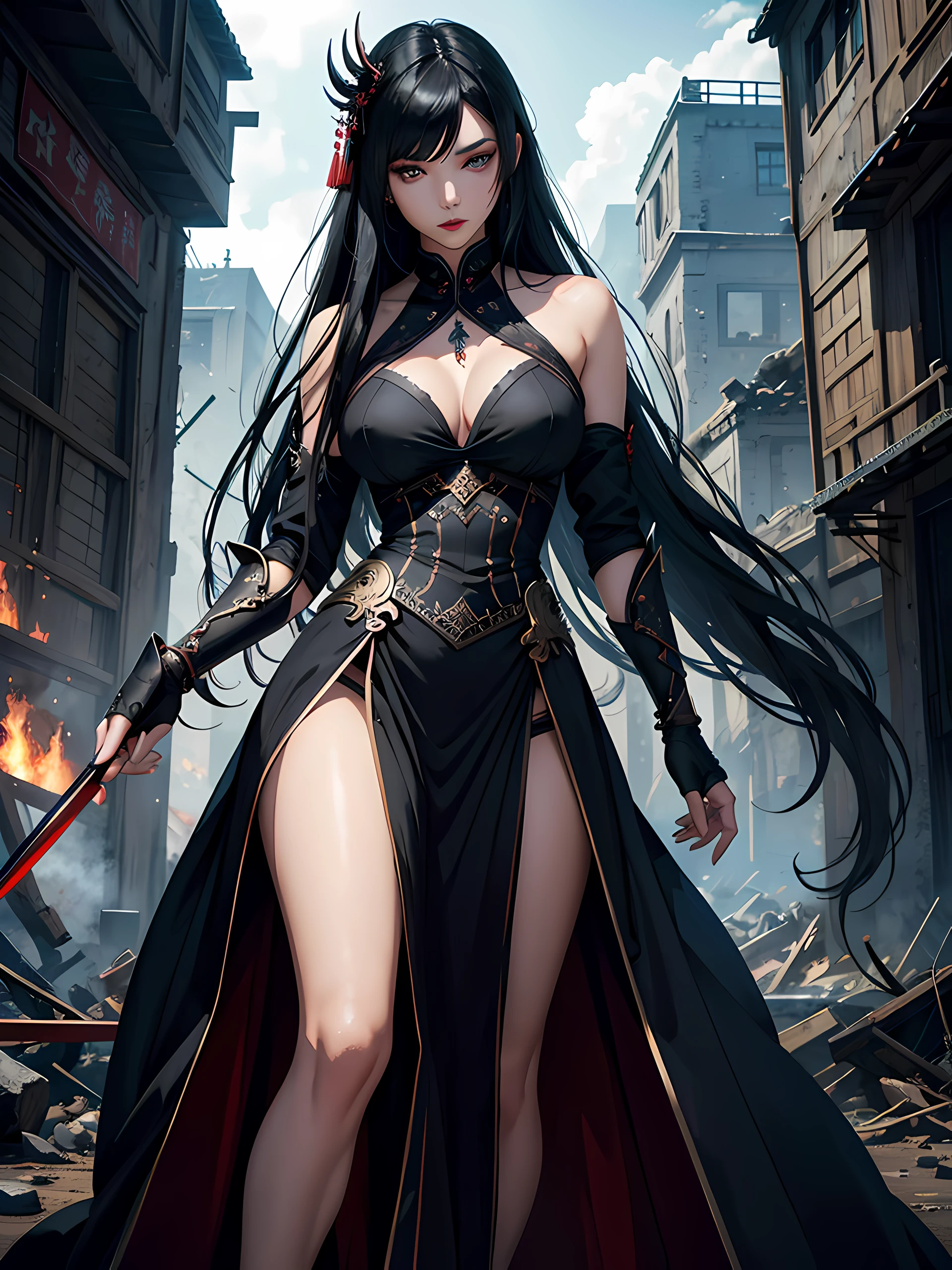Top Quality, Photorealistic, 8K, High Definition, absurd res, high res, ultra sharp, masterpiece, (masterpiece), best quality, expressive eyes, perfect face, Super eyes, masterpiece, highly detailed exquisite character art, epic fantasy digital art style, detailed digital 2d fantasy art, Asian warrior Queen, on the battlefield, fighting evil spirits, Black Elegant Evening Ball Gown long straight black hair with long fringe, posing using her blades, red lipstick, beautiful Asian, Asian beauty, makeup, dead bodies, chaos, destruction, demolished buildings, long-shot,