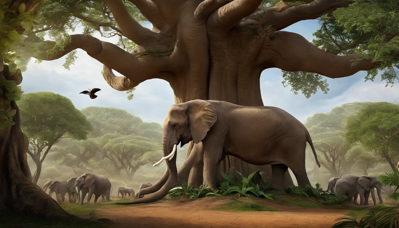 A wise old elephant standing in front of a huge old tree with big roots that seem to go very deep into the ground. The tree is surrounded by animals, such as a lion, a tiger, a monkey, and a bird, all drinking water from a pool at the base of the tree.