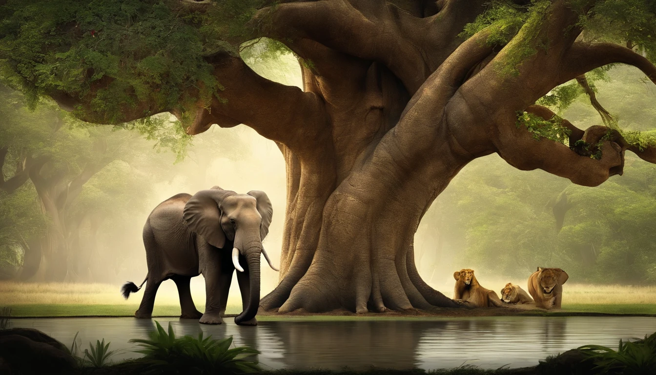 A wise old elephant standing in front of a huge old tree with big roots that seem to go very deep into the ground. The tree is surrounded by animals, such as a lion, a tiger, a monkey, and a bird, all drinking water from a pool at the base of the tree.