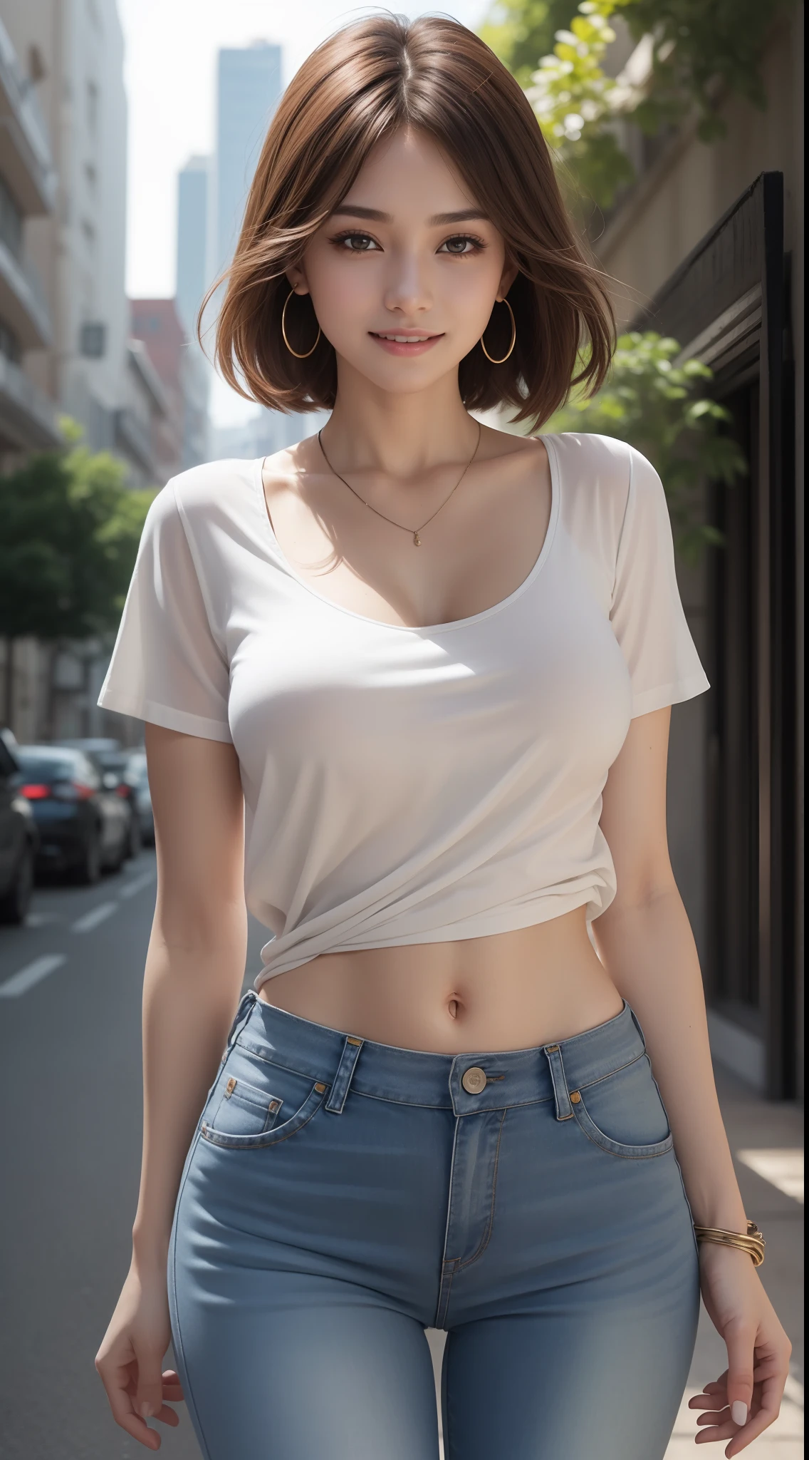 8k, masterpiece, RAW photo, best quality, photorealistic, extremely detailed CG unity 8k wallpaper, Depth of field, Cinematic Light, Lens Flare, Ray tracing, (extremely beautiful face, beautiful lips, beautiful eyes), intricate detail face, ((ultra detailed skin)) 1girl, in the dark, deep shadow, pretty Asian girl, idol, 1 girl, (very slim slender fit-muscled body:1.3), ((looking at viewer)),(big smile:1.3), ((white color blouse)), (short sleeve) , (daylight big buildings, tree), (blurred background) cityscape, rooftops, beautiful earrings, bracelets, necklace, clear eyes, (pale skin), (big eyes), face forward, ((upper body shot)), ((extra large jeans pants)),(brown hairs),((jumbo Jeans pants)), (looking at viewer:1.3), open breast, (very slim), medium breasts, ((camel toe)), short hair, open breasts, open navel, thick thighs