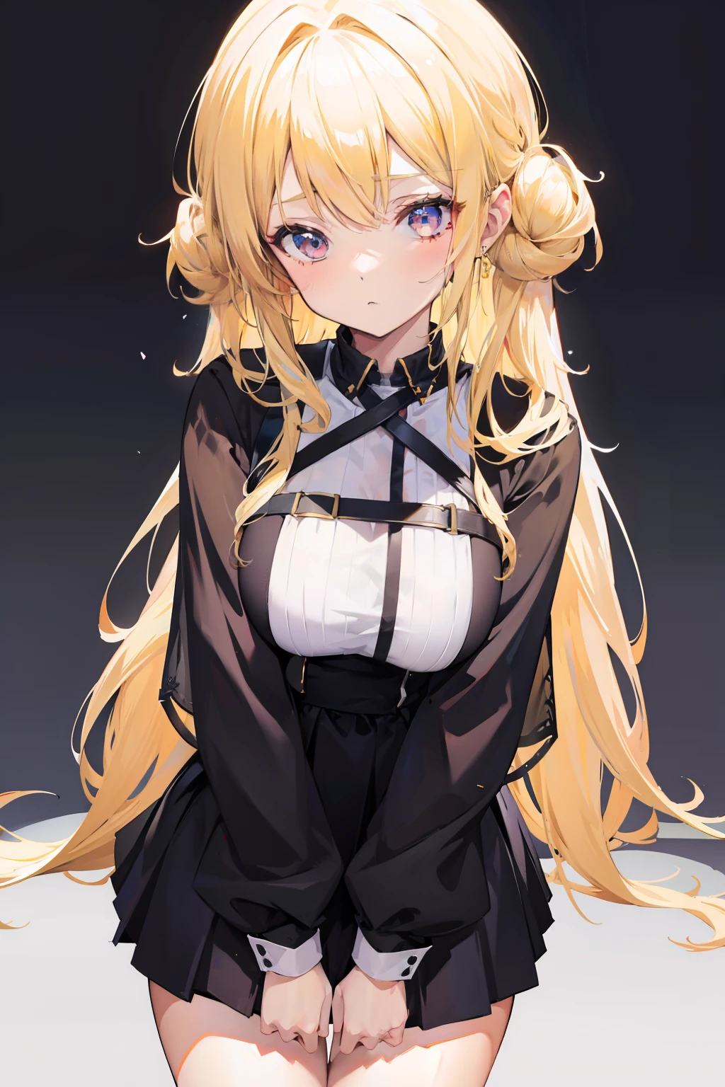 Anime girl cute, blonde hair, 8k wallpaper, exposed thighs, dark clothes,