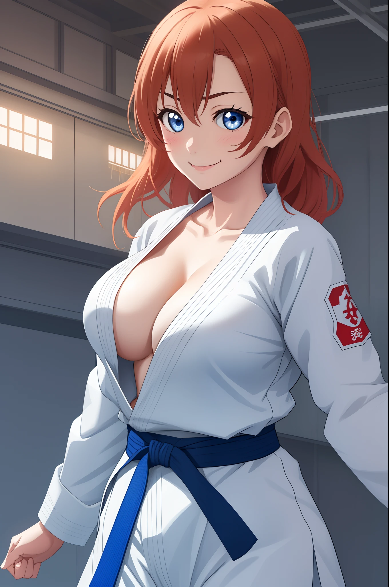 Kousaka honoka, blue eyes, karate gi, cleavage, smile, serious eye,big breasts, bottomless, standing