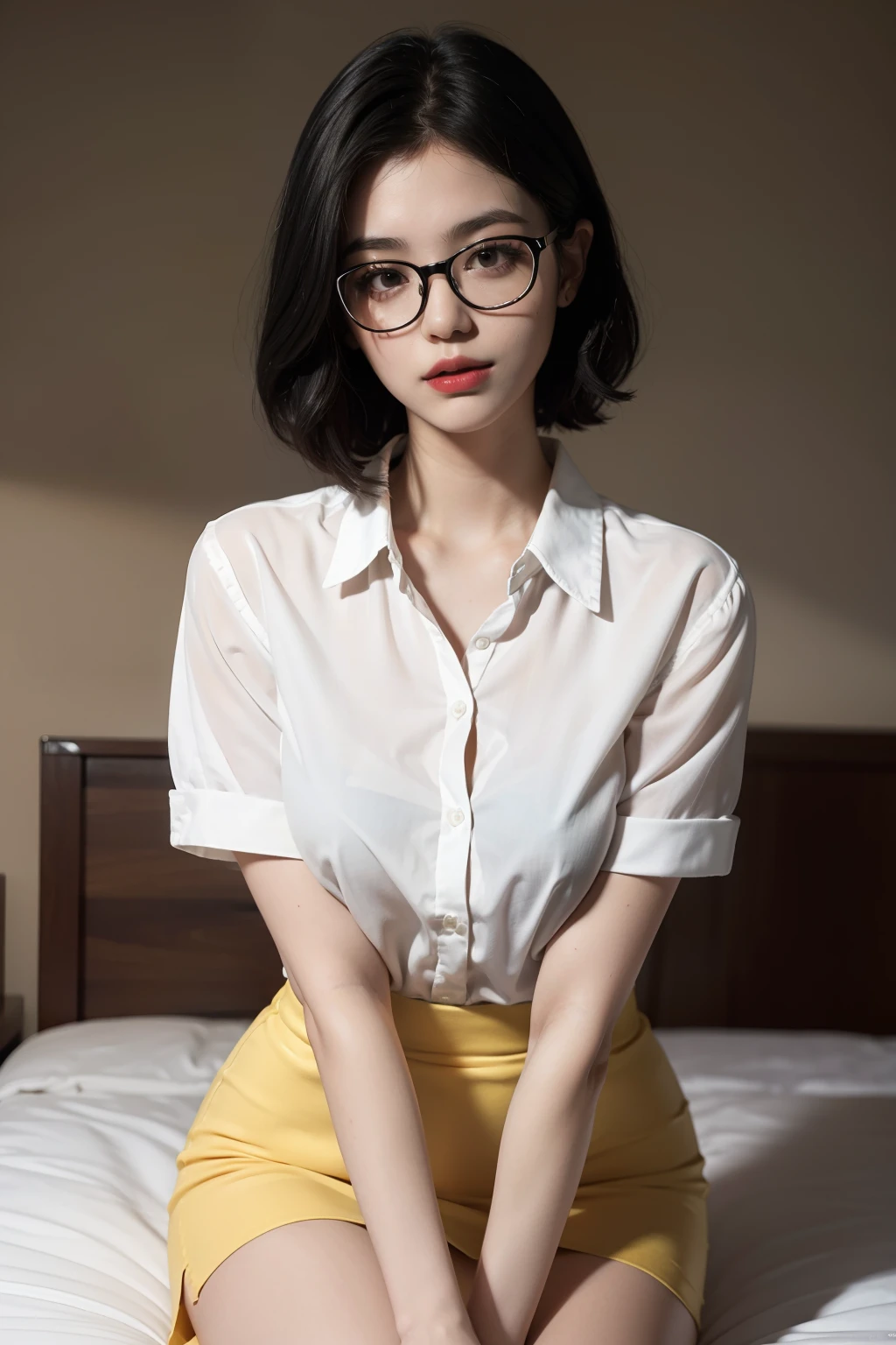1个Giant Breast Girl!A high resolution(dim murky lights)detailedbackground(liveroom)Fluffy black hair,slender girl,short detailed hair, wearing black rimmed glasses,Glasses with thick frames,Wear a white shirt,yellow short skirt,It shows a delicate and slender figure and beautiful curves,Rest your head on the pillow,Make sexy poses,Shallow smile,Red lips,8k wallpaper,Show the whole body!Show the whole body!Show the whole body!