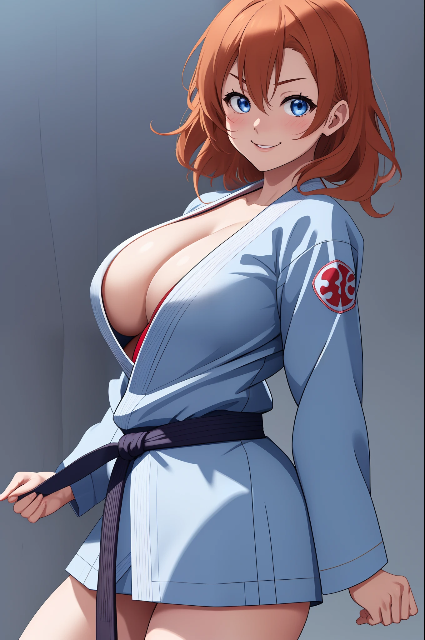 Kousaka honoka, blue eyes, karate gi, cleavage, smile, serious eye,big breasts,thicc, bottomless, standing