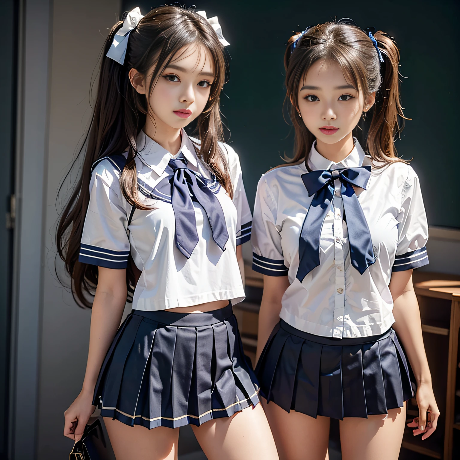 (High School Uniform, Pleated mini-skirt:1.3), ((high-school uniform)),bow ribbon、 17 age, 2girls,  Twintail hairstyles,pretty eyes、4k,8k,