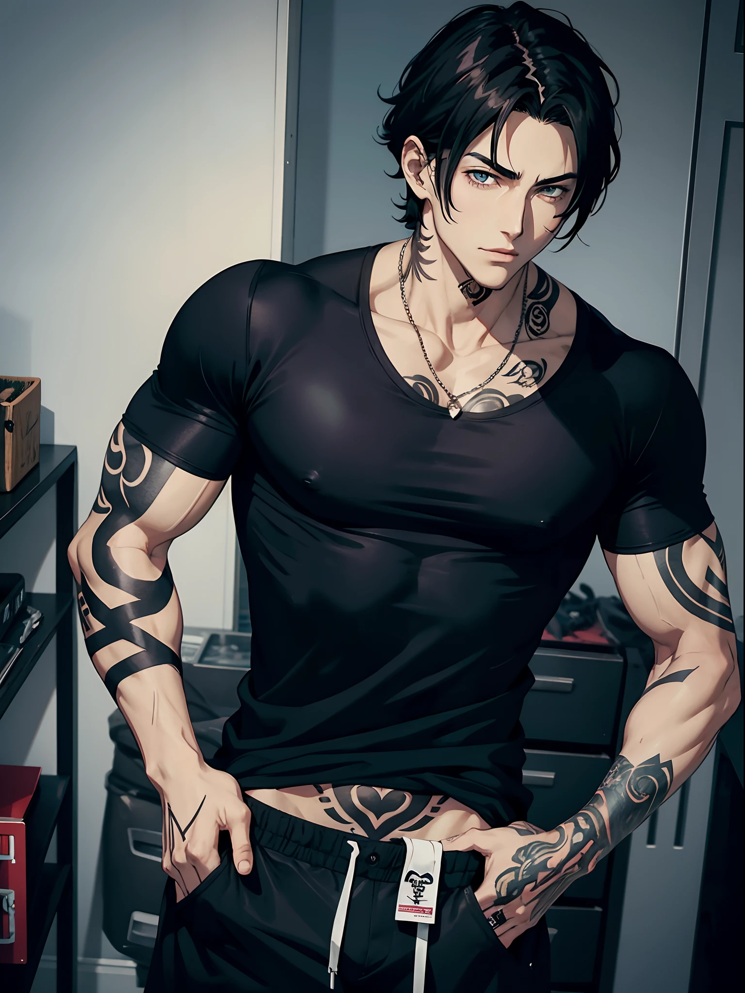 Anime Sexy Man, Guy with dark hair, Black T-shirt, Tattoos