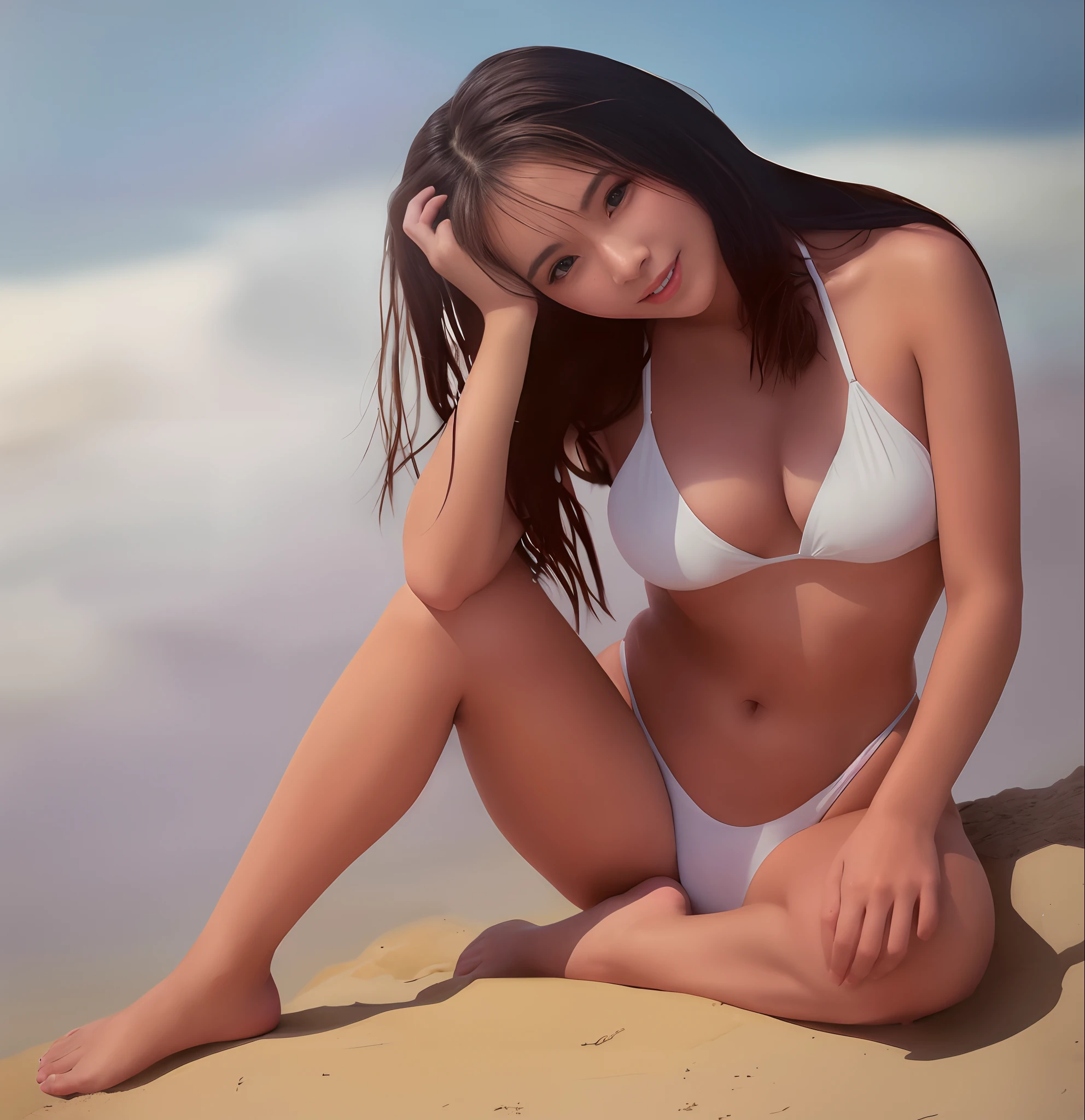 16k, ultra high res, best quality, high quality, masterpiece:1.3), (a professional photo of girl), RAW photo, realistic illustration, (ultra detailed eyes and face), (ultra detailed beautiful skin), (full body shot), elegant sleek smooth body, sultry body, perfect body, attractive body, photorealistic perfect body, Petite facial features, Super Detail Beautiful Natural Skin, natural makeup, (black hair), narrow waist, ((slender)), (wide hips), cleavage, (black hair), she is very sexy, she is cute and beautiful, skinny waist and thick hips, curvy figure, attractive body, curvy model, smile, (full body shot), ((slender)), sexy look, arafed woman in a white bikini sitting on a beach, realistic bikini, posing on the beach, wearing a white bikini, girl on the beach, photorealistic, sexy girl,