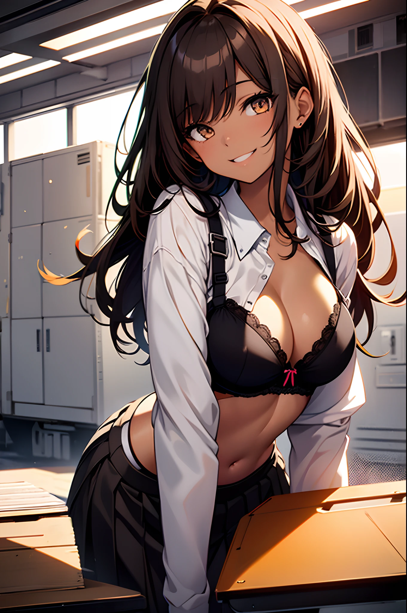Masterpiece, Best quality, character design, high girl, light Orange eyes, almost Black brunette, long hair, teen, thight school uniform(white thight short and dark skirt,Black bra Penetrating through the material), slithly smilling, Light Brown skin, spanish