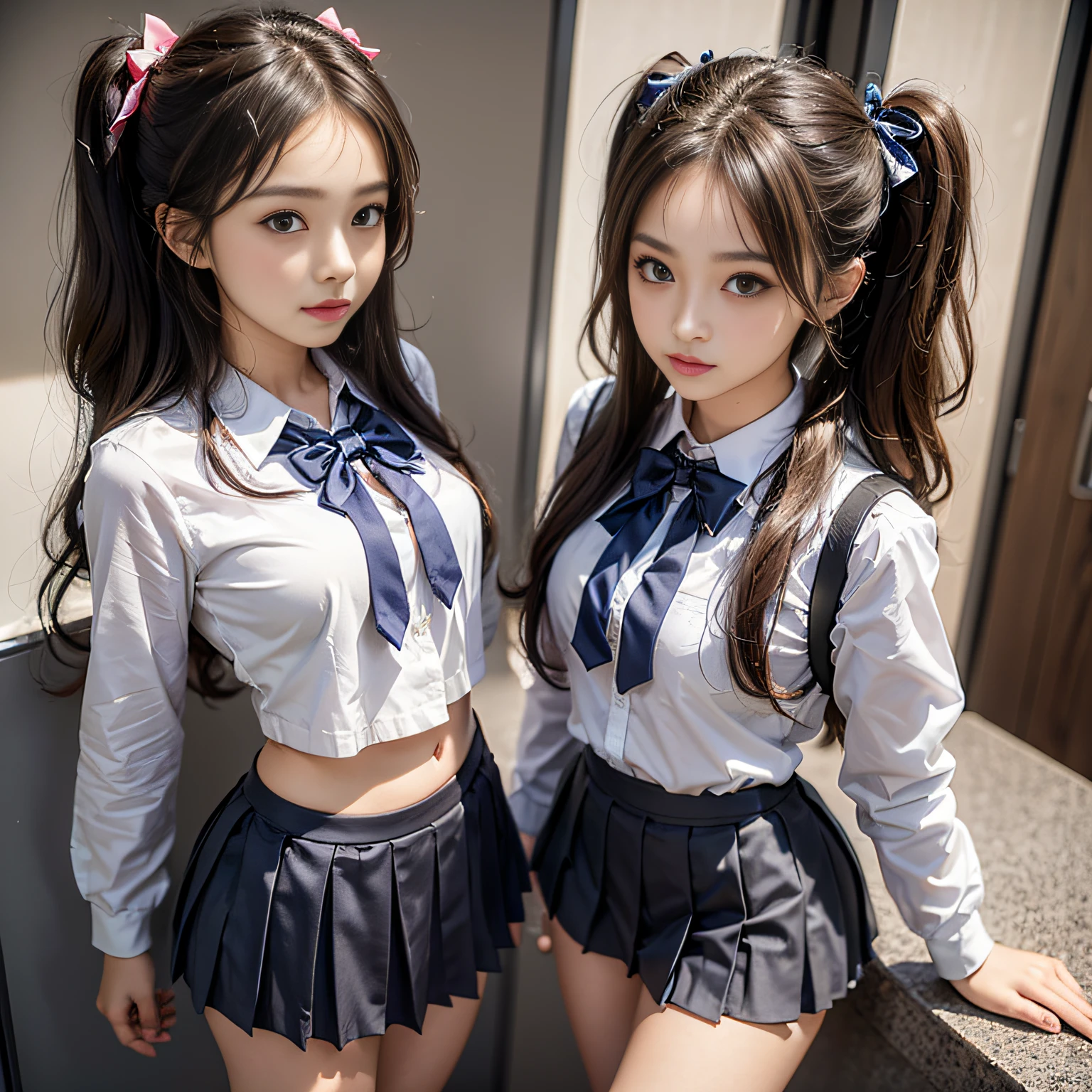 (High School Uniform, Pleated mini-skirt:1.3), ((high-school uniform)),bow ribbon、 , 2girls,  Twintail hairstyles,pretty eyes、4k,8k,