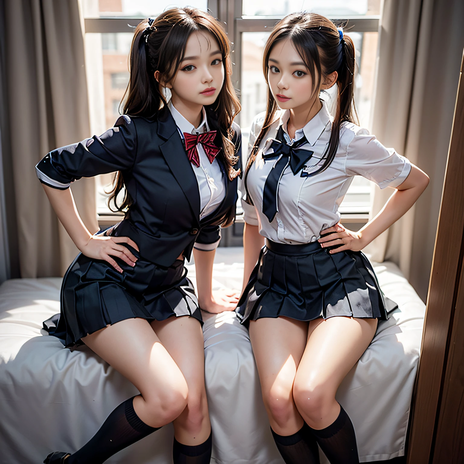 (High School Uniform, Pleated mini-skirt:1.3), ((high-school uniform)),bow ribbon、 17 age, 2girls,  Twintail hairstyles,pretty eyes、4k,8k,