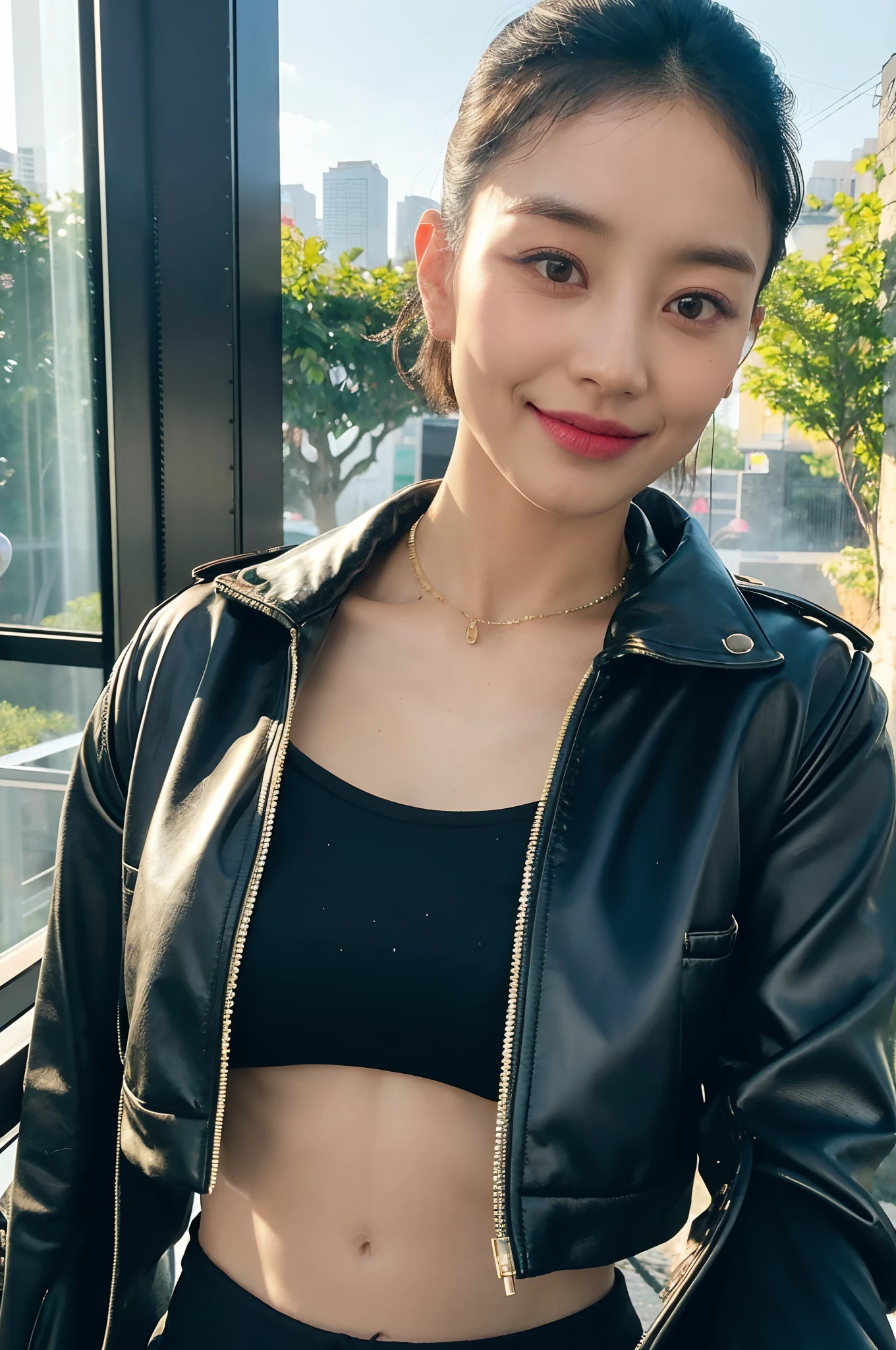 (Forehead, Cropped jacket, Abs, midriff, scowling, Short hair, Black hair, eyes liner:1.3), (Masterpiece, Best quality, Beautiful quality), (Photorealistic:1.4), (Detailed lighting, Extremely detailed skin, Extremely detailed hair, Shadows, 8K, Photo of Chacho, 1girll:1.2), view the viewer, (high key lighting), Masterpiece, Top quality, Best quality, offcial art, Unity 8k wallpaper, A high resolution, Ultra-high RES, Ultra-detailed, Beautiful and aesthetic，Smile，beam of light