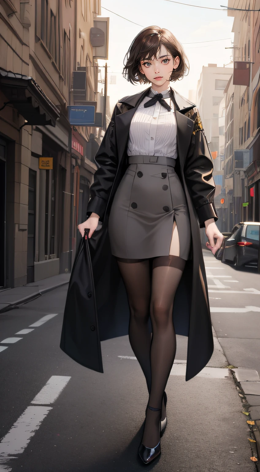 Masterpiece, Best quality, Realistic, 1人, cute female, Sexy and charming girl, 20-year-old girl, Very attractive looking girl, Extremely detailed face, ((dark gray eyes)), ((Right sweep dark brown short hair)), [Slender eyebrows], Detective, International city, Black police uniform，Bigchest，black heels,black lence stockings， Cinematic lighting, holding a pistol, Postural dynamics,eyes looking at viewer，Stand on the street