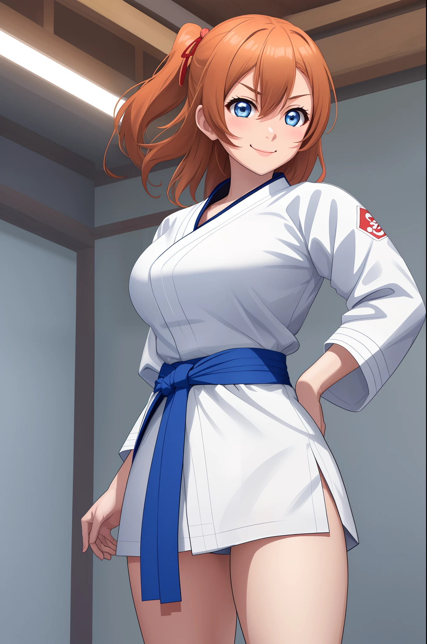 Kousaka honoka, blue eyes, karate gi, smile, serious eye,big breasts, bottomless, standing