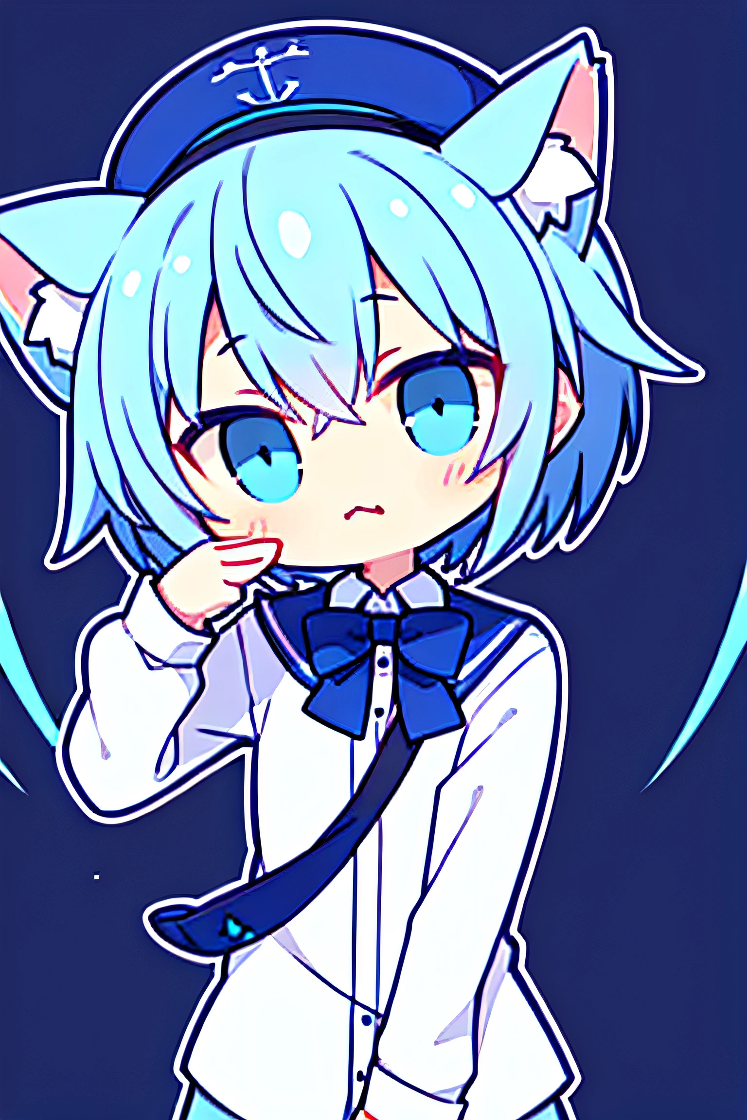 Libido boy,Cat ears,short detailed hair,blue color eyes,Blue and white clothes,blue hairs,Bachelor cap,Background School