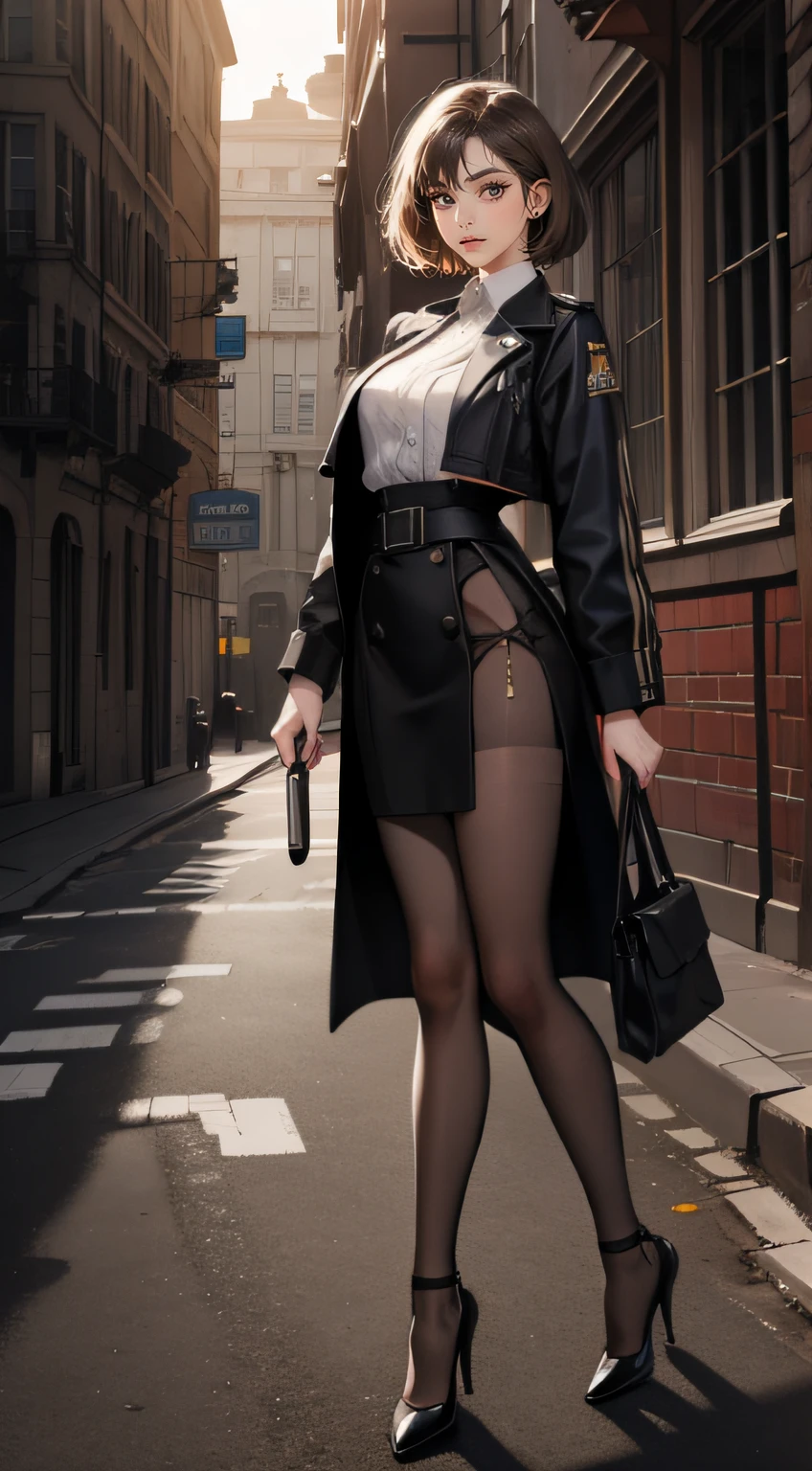 Masterpiece, Best quality, Realistic, 1人, cute female, Sexy and charming girl, 20-year-old girl, Very attractive looking girl, Extremely detailed face, ((dark gray eyes)), ((Right sweep dark brown short hair)), [Slender eyebrows], Detective, International city, Black police uniform，Bigchest，black heels,black lence stockings， Cinematic lighting, holding a pistol, Postural dynamics,eyes looking at viewer，Stand on the street