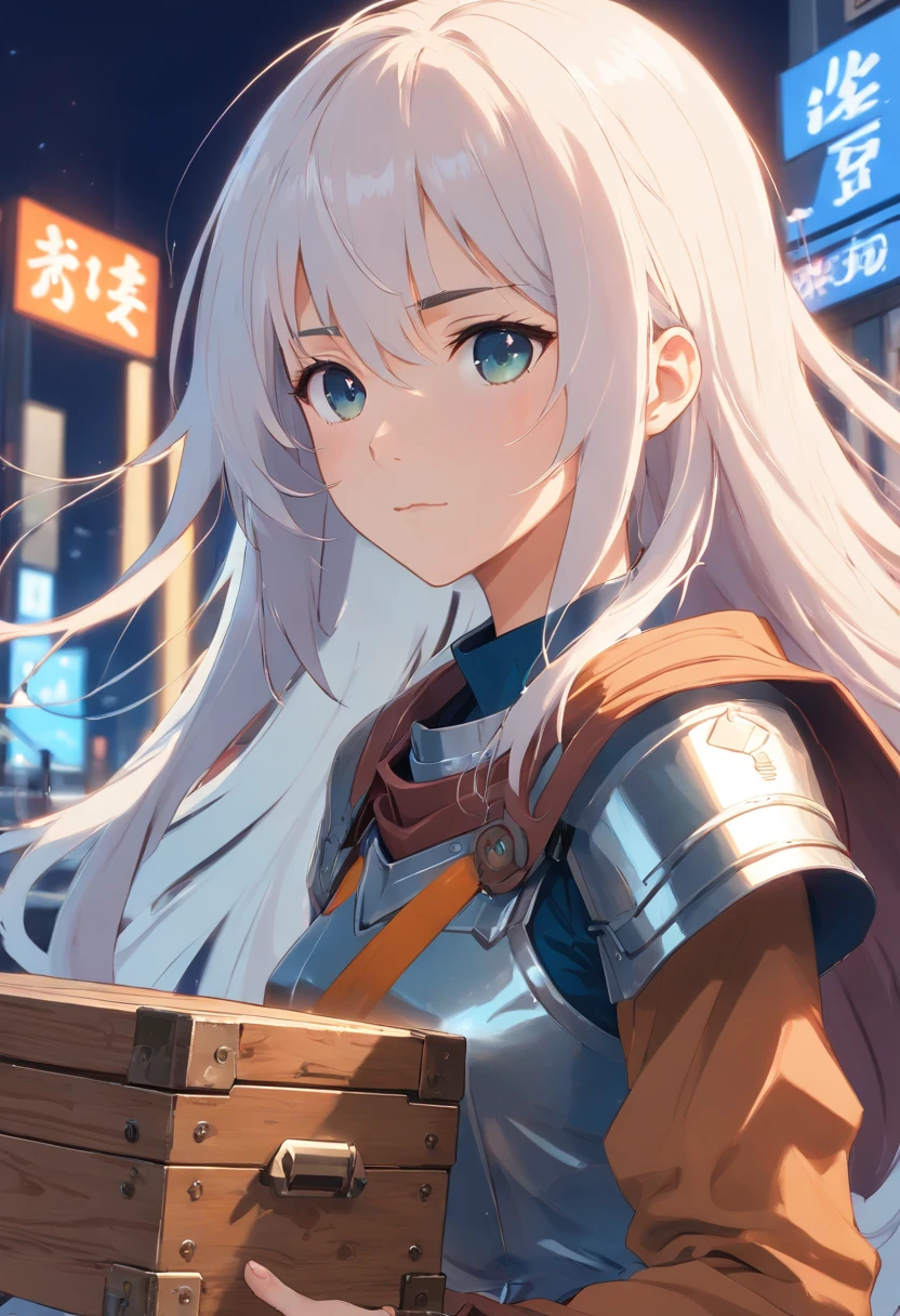 a young women with long white hair, metal armor and a wooden box on her back