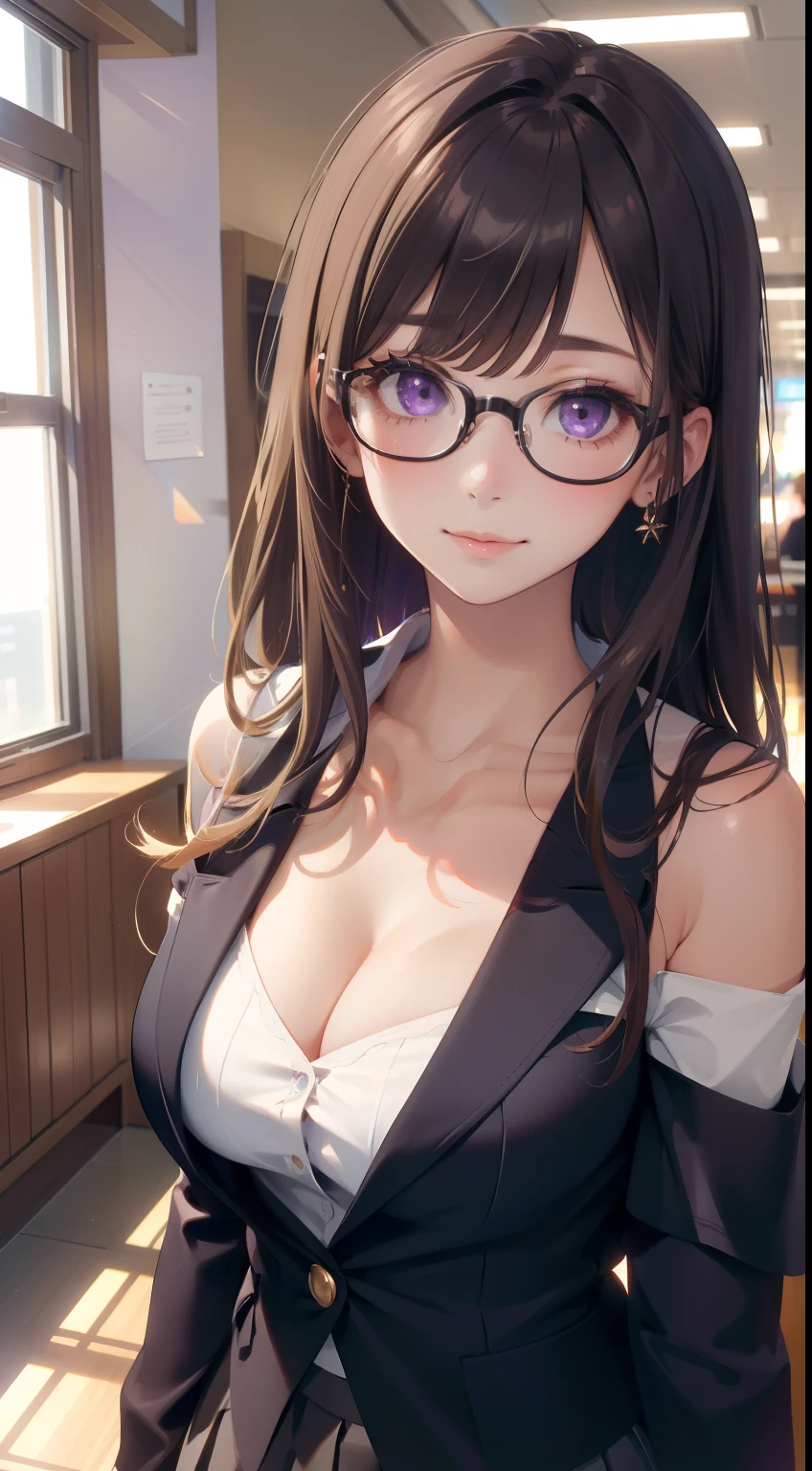 (Best quality:1.1), (Masterpiece:1.2), Highqualityshadow, Beautiful detailed, Beautiful face, Detailed eyes, Off-the-shoulder attire,Depth of field, A high resolution, Best shadow, Best illumination, 1girll, view the viewer, (Blonde hair:1.3),short detailed hair, Blunt bangs, Long hair, Purple eyes, Shy, Large breasts, Miniskirt, blouse, Blazer, Pump, Office Lady, Glasses,cleavage,looks into camera,ssmile,closeup cleavage