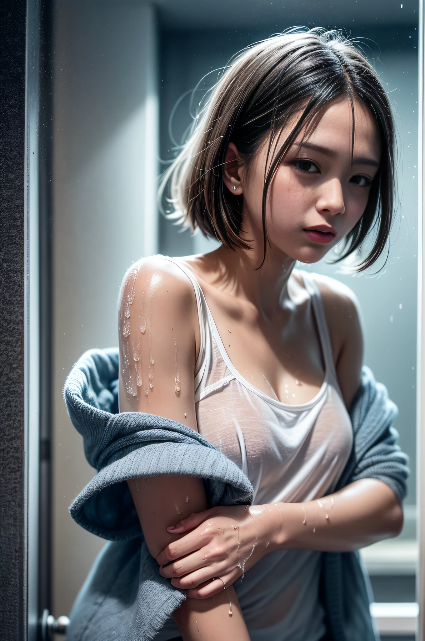 （Cinematic tones）（The film uses cool colors of blue and gray）（Wet clothes：1.9）,（Get wet all over your body：1.9）,Top image quality, tmasterpiece, 超高分辨率, （Fidelity：1.4）, photore,deluge, stunningly beautiful woman, （Deeply condolences）, white  shirt, dim murky lights, shadowy, Desperate, Pity, Pathetic, Cinematic, Tears, tear drop, （ripped clothing：1.5）, （Wet clothes：1.4）, bare shoulders​, Real rain, wetting hair