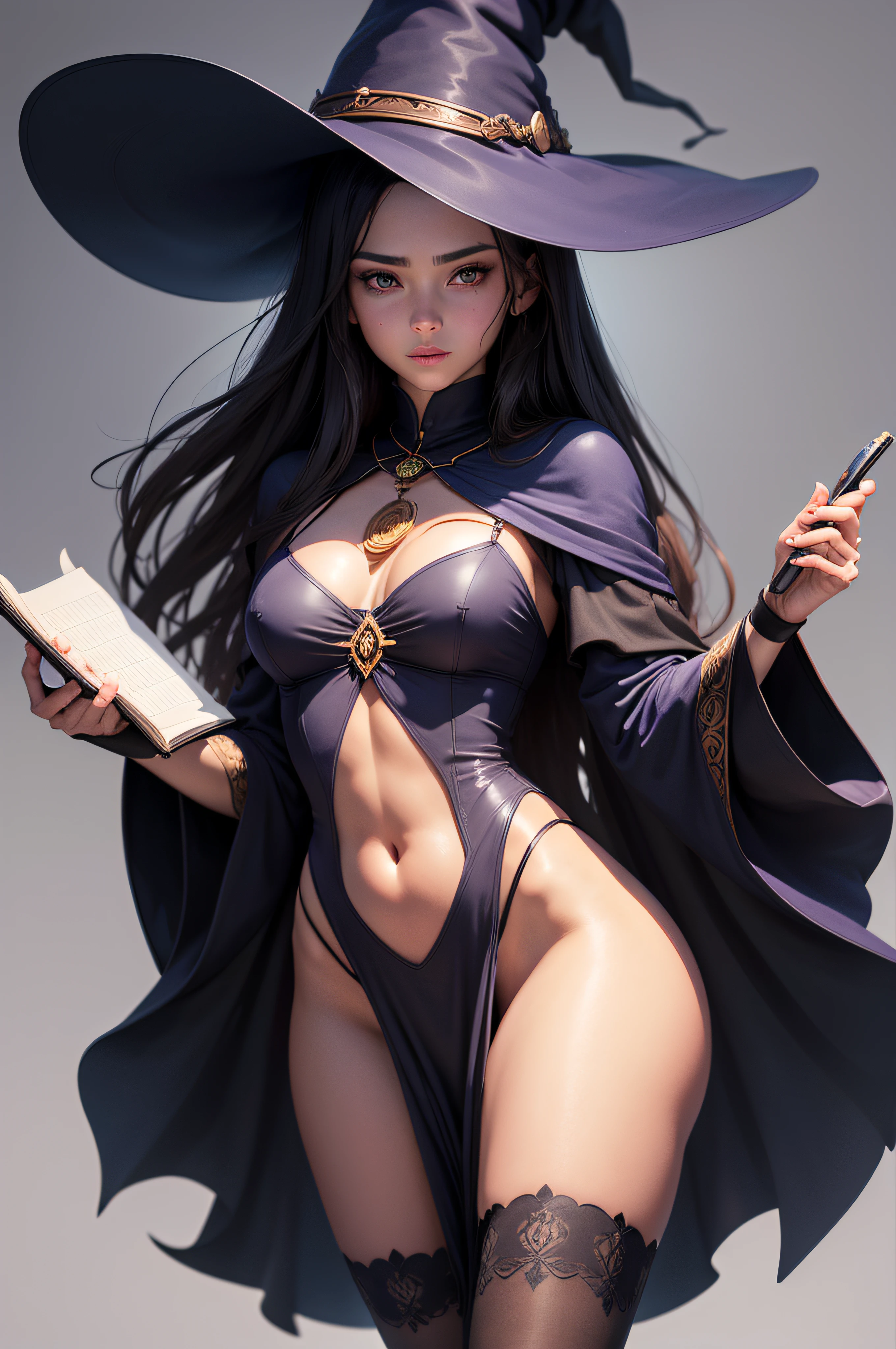 middle shot, Стиль cel-shading, Centered image, ultra detailed illustration (symmetry: 2.5), The Witch Girl, in a big witch's hat, (Notebook colors), Inkpunk, Ink lines, Strong outlines, Artist MSchiffer, Greasy traces, Frameless, High contrast, cel-затененный, Vector, 32K resolution, Best Quality, Amulet around the neck, A Revealing Body, handsome body.dark skin, A Revealing Body, handsome body, Small clothes, Average Breasts, Smooth Lines,