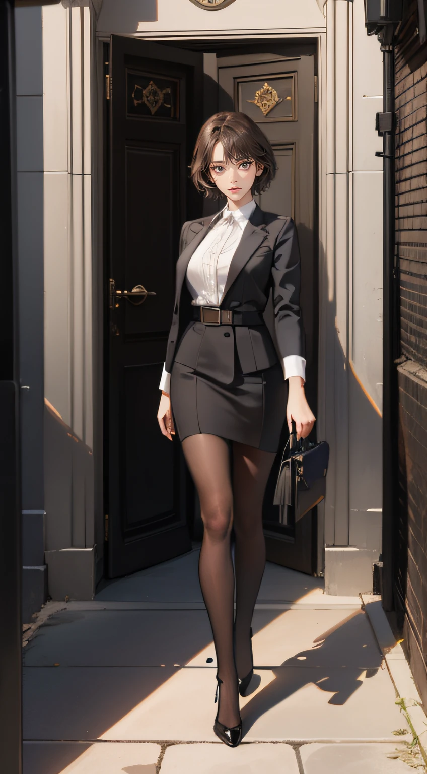 Masterpiece, Best quality, Realistic, 1人, cute female, Sexy and charming girl, 20-year-old girl, Very attractive looking girl, Extremely detailed face, ((dark gray eyes)), ((Right sweep dark brown short hair)), [Slender eyebrows], Detective, International city, Black police uniform，Bigchest，black heels,black lence stockings， Cinematic lighting, holding a pistol, Postural dynamics,eyes looking at viewer，At the entrance of the police station，police station