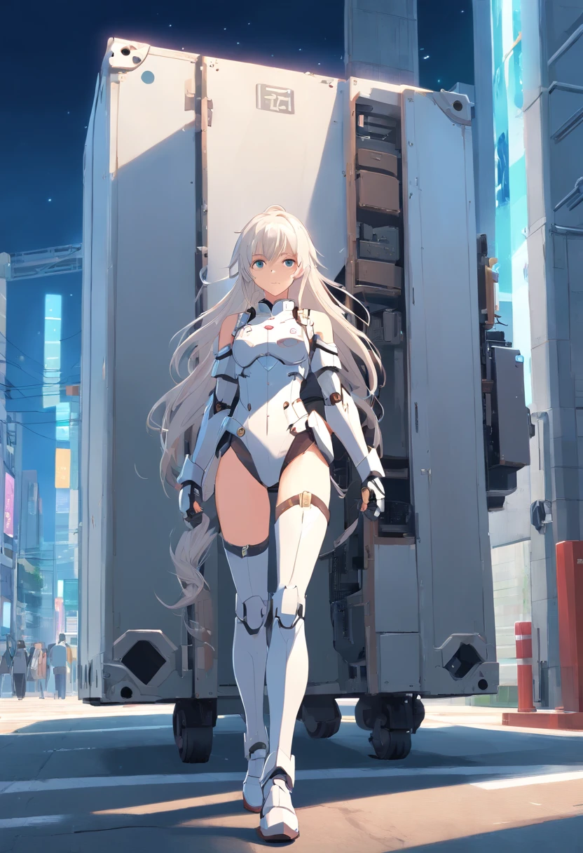 Female robot with white hair, black stockings, full body, single ponytail, high heels, mechanical body, traveled to the world of cultivating immortals and became a god
