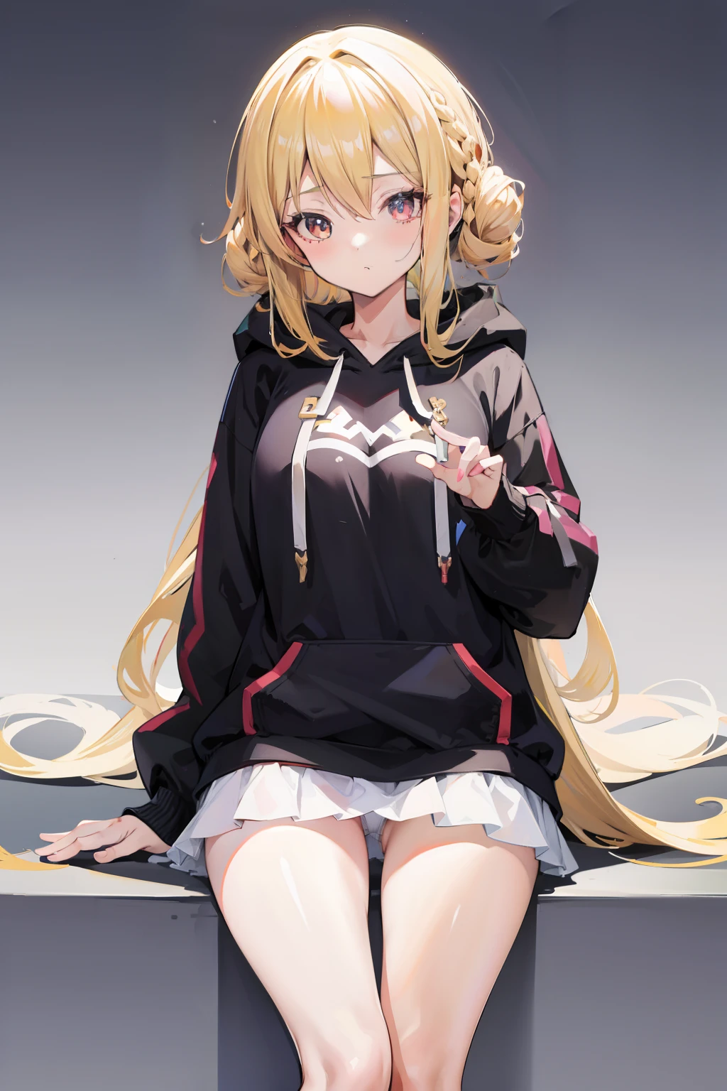 Anime girl cute, tall, blonde hair, 8k wallpaper, exposed thighs, dark hoodies