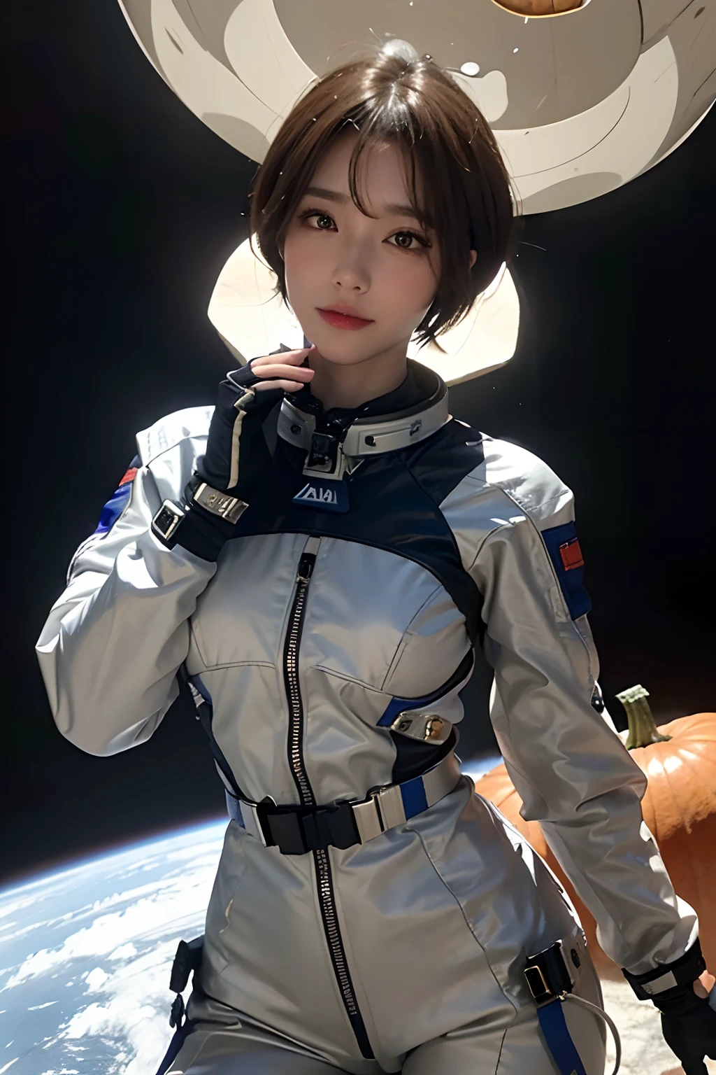 top-quality、​masterpiece、超A high resolution、(realisitic:1.4)、Beautuful Women１、Beautiful detail eyes and skin、ssmile、Light brown short-cut hair、The perfect spacesuit、spaceships、Mysterious planet、Giant pumpkin、the bats、