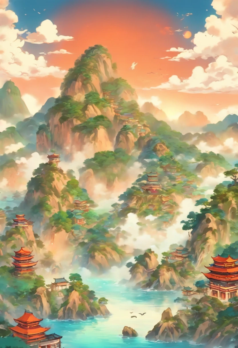 (((islands)) best quality, ultra-high resolution, 4K detailed CG, masterpiece, archipelago, islands, islet, sea, water, river, Shui Mo Hua, Chinese painting style, Thangka style, aesthetic, beautiful image, centered on the screen
