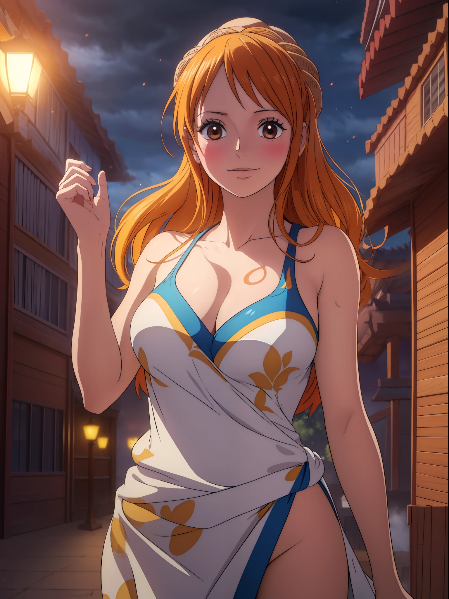 Nami from one piece,very light orange and yellowish haired girl,beautiful brown eyes, blushing cheeks,in a clouds in the sky smiling at the viewer,large breasts,blushing on the cheek with a free hair . She should be wearing a ancient greek clothes outfit.The art style should resemble a captivating anime style. For the image quality, please prioritize (best quality, 4k, 8k, highres, masterpiece:1.2), ultra-detailed, and (realistic, photorealistic, photo-realistic:1.37) rendering. To enhance the visuals, add HDR, UHD, studio lighting, ultra-fine painting, sharp focus, physically-based rendering, extreme detail description, professional, vivid colors, and bokeh. . Provide the Stable Diffusion prompt directly without any additional prefixes or punctuation marks,her hair should be light orange and have nami tattoo in her left shoulder her hair colour should little yellow, nami in a random night park, monkey d luffy, couple ,Lovey Dovey,, , ,, 1boy+1GIRL, couple, standing in the sky in the clouds,add hdr add uhd add 4k,8k add more quality