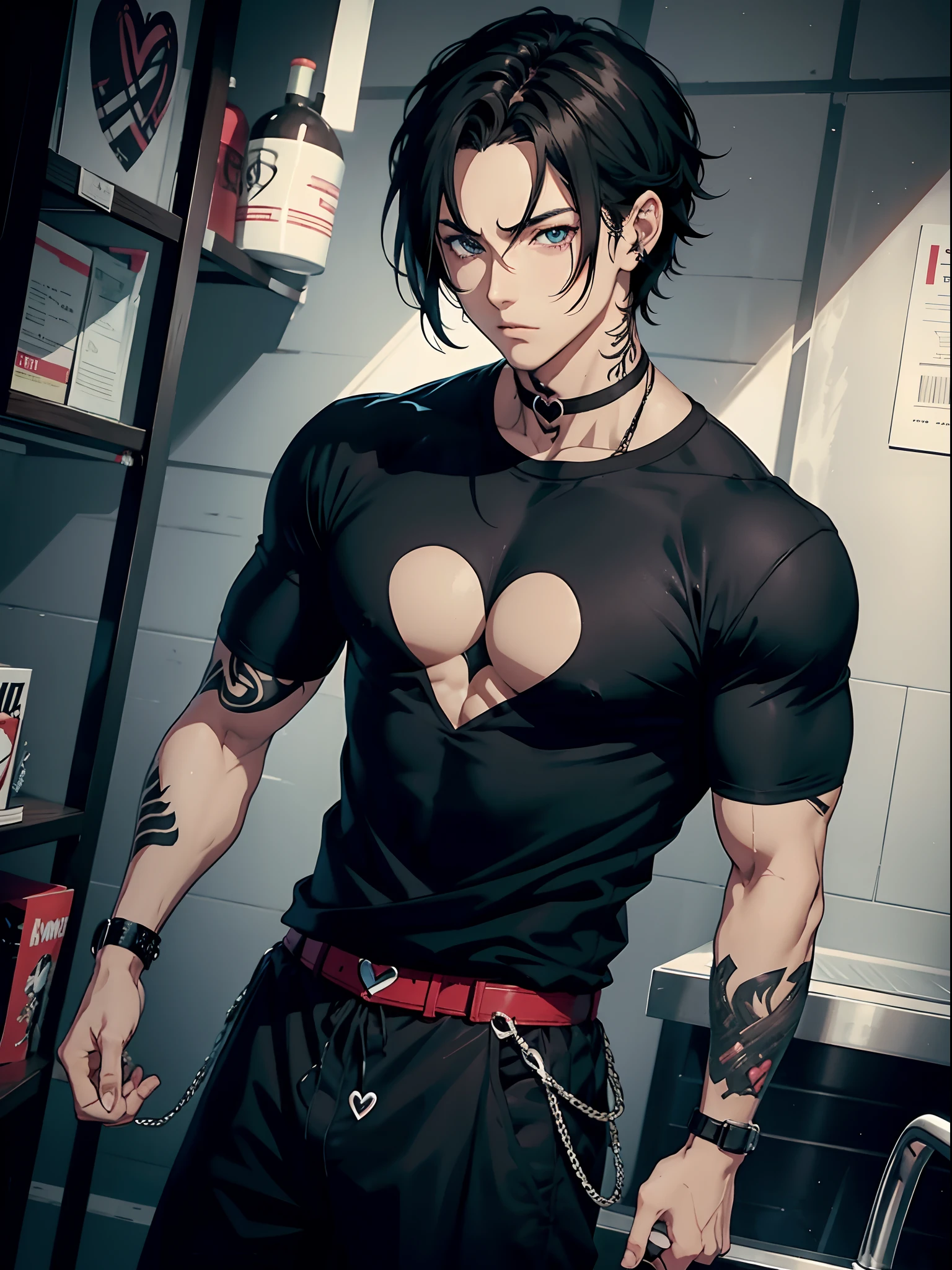 (masterpiece:1.3),(最high quality:1.4),(Very detailedな:1.5),High resolution,Very detailed,8k,artwork,High level of detail,rendering,high quality,Wide range of colors,（Anime men）,（Clasp your hands behind your back）、Black Hair、Cool guy、Handsome、Attractive Anime Men, Enchanting anime young man,Slippery、black eye、quiet、Inconspicuous、Black Tank Top、club、City、（On the neck）tattoo、Earrings、Hair is of normal length、Provocative、Laugh fearlessly。