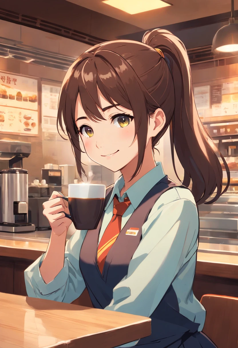 High ponytail girl,Coffee on hand,ssmile,employee uniform
