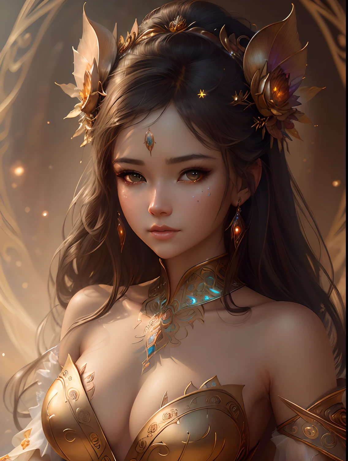 ((best quality)), ((masterpiece)), (detailed), close-up, person wearing dress, fantasy art, , 3D goddess portrait, style of ross tran and wlop, captivating lighting, 8k resolution, striking facial expression, (elaborate costume details:1.3), vibrant colors, powerful presence, (ethereal glow:1.1), beautiful eyes,