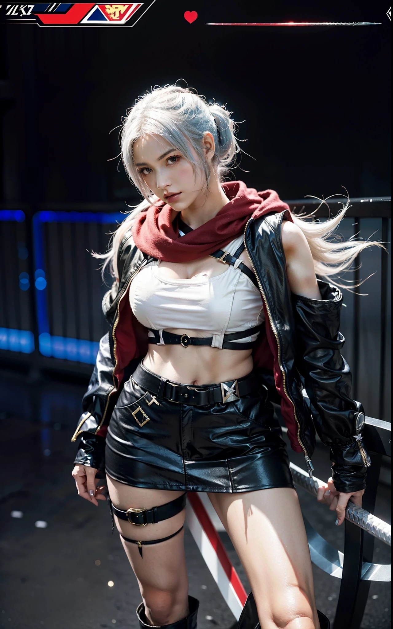 photorealistic, high resolution, 1 girl, hips up, white hair, long hair, red eyes, white crop top, black leather skirt, suspenders, red gloves, red boots, final fantasy vii remake