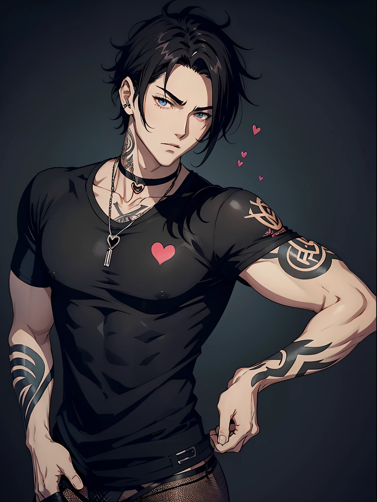 Anime Sexy Man, Guy with dark hair, Black T-shirt, Tattoos, hearts
