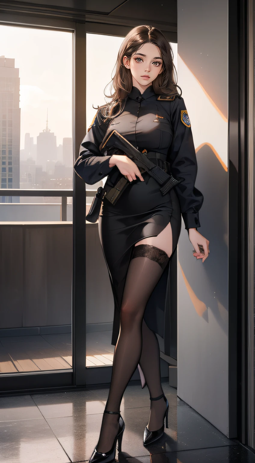 Masterpiece, Best quality, Realistic, 1人, cute female, Sexy and charming girl, 20-year-old girl, Very attractive looking girl, Extremely detailed face, ((dark gray eyes)), ((Right sweep dark brown short long hair)),((long hair girl))， [Slender eyebrows], Detective, International city, Black police uniform，Black police uniform，Bigchest，black heels,black lence stockings， Cinematic lighting, holding a pistol, Postural dynamics,eyes looking at viewer，At the entrance of the police station，Public Security Bureau