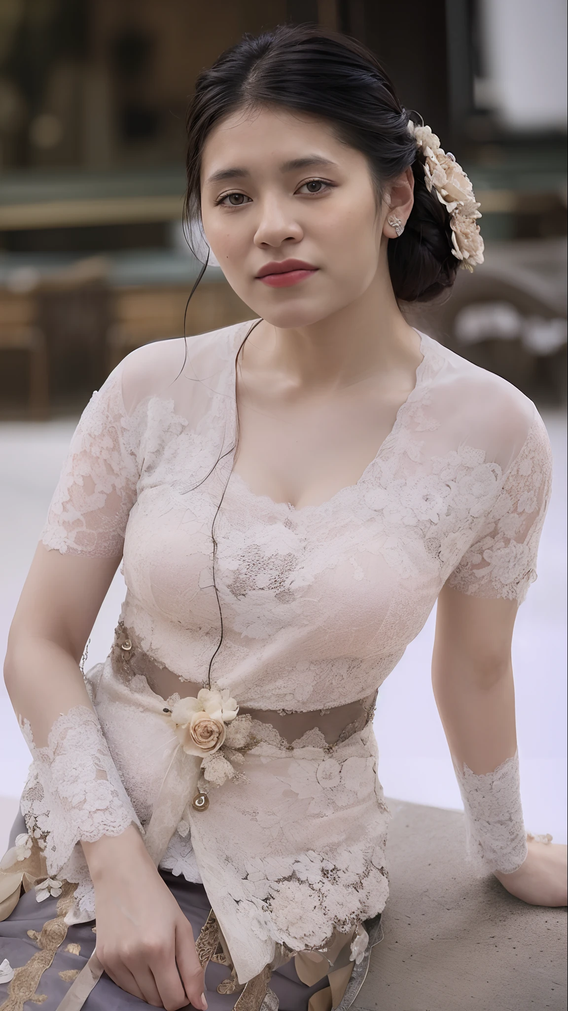 High quality image, masterpiece, detailed hair texture, detailed skin texture, detailed cloth texture, 8k, add fabric details, ultra detailed skin texture, ultra detailed photo, skin pores, cloth details, high skin details, realistic hair details, there is a woman sitting on a ledge with a flower in her hair, close up half body shot, bride, waist - shot, lace, closeup - view, close up details, side view intricate details, detailed dress and face, wearing ivory colour dress, pose 1 of 1 6, wearing a wedding dress, inspired by reyna rochin, wearing organza gown, wearing kebayas
