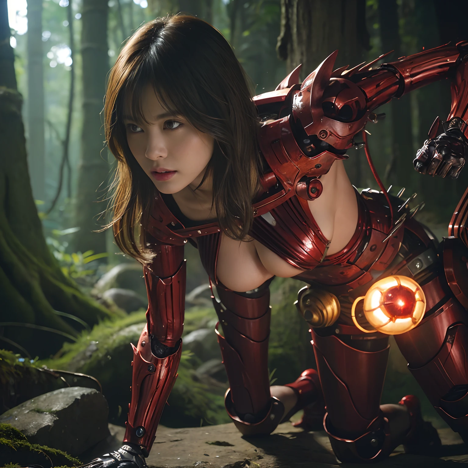 (1 Mechanical Girl)、top-quality、masterpiece、超A high resolution、(Photorealsitic:1.4)、Raw photo、1人、Fight mutants、glowy skin、(((1 Mechanical Girl)))、With a beautiful knife、(Yellow Metal Bodysuit)、(Kobold、ogre、Fierce battle with orcs),(Fight fiercely against aliens)、Fight fiercely、(beautiful forest background)、(Fighting Demonic Beasts)、(Small LED)、((super realistic details))、portlate、(Strong giant demon beast background),globalillumination、Shadow、octan render、8K、ultrasharp、Colossal tits、Raw skin is exposed in cleavage、metals、Details of complex ornaments、Japan details、highly intricate detail、Realistic light、(Mystical expression),CGSoation Trends、Red Eyes、radiant eyes、Facing the camera、neon details、(Mechanical limbs)、(blood vessels connected to tubes)、Mechanical vertebrae attached to the back、mechanical cervical attaching to neck、(Wires and cables connecting to the head)、Gundam、Small LED、,Mechanical thighs、Toostock、(Hands are also made of machines)、(Attack of the Monster Beasts)、(Wounded in a deadly battle)、