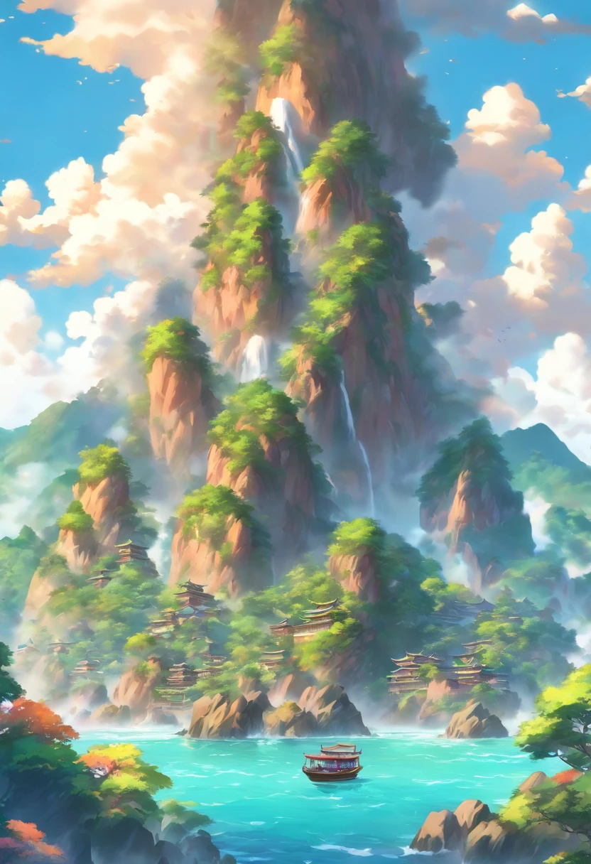 (((islands)) best quality, ultra-high resolution, 4K detailed CG, masterpiece, archipelago, islands, islet, sea, water, river, Shui Mo Hua, Thangka style, aesthetic, beautiful image, screen-centered