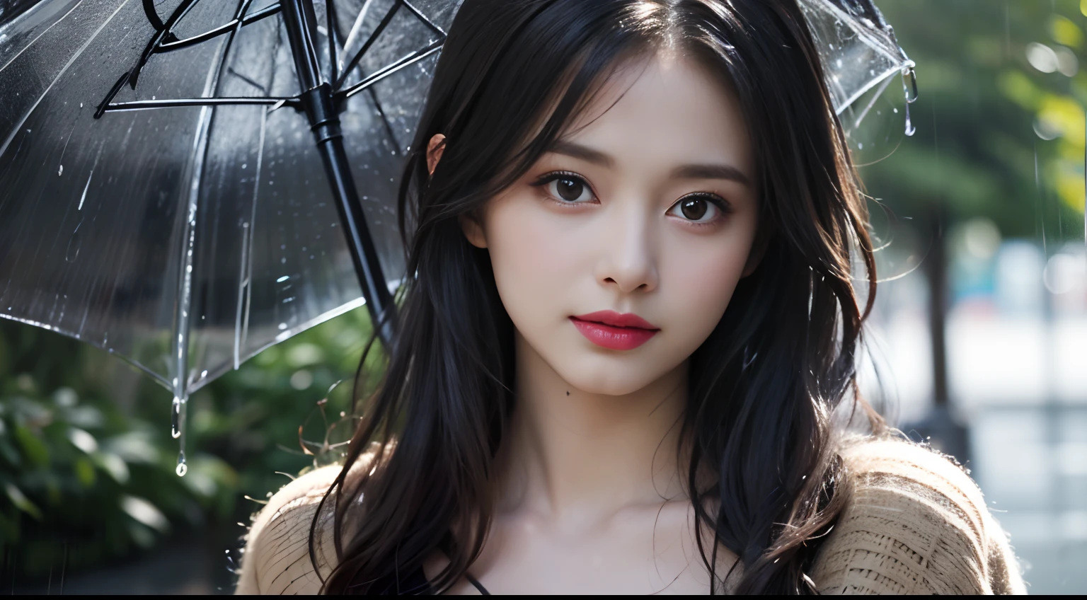 (Best quality, 4k, Masterpiece :1.3), pretty woman, 1girl, (breasts, attractive body :1.2), abs :1.1, dark brown hair: 1.1, (rainy wet, wet from rain, wet body :1.2), ultra-detailed face, detailed lips, detailed eyes, double eyelid