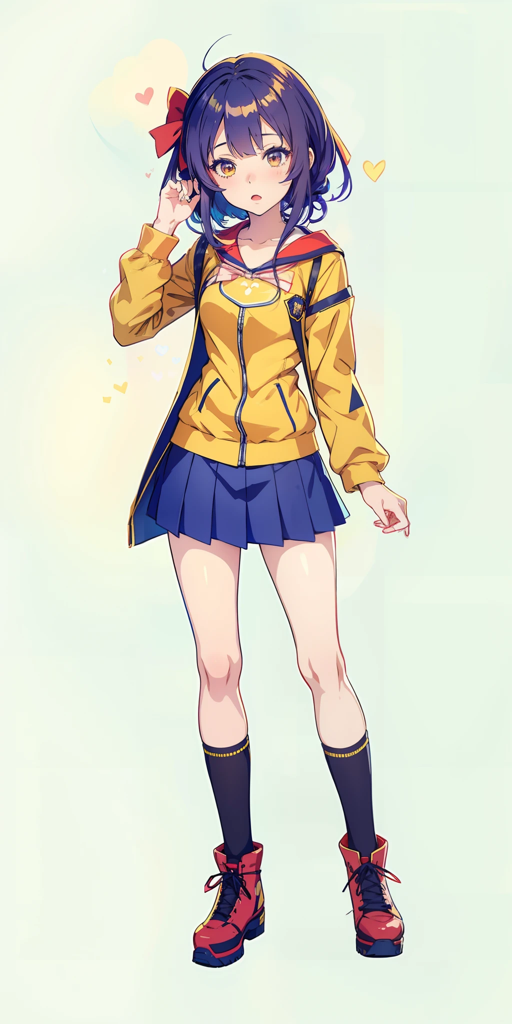 anime girl in a yellow jacket and blue skirt with a red bow, anime full body illustration, full body portrait of a short!, beautiful anime high school girl, anime vtuber full body model, magical school student uniform, single character full body, made with anime painter studio, yandere. tall, anime moe artstyle, young anime girl, smooth anime cg art