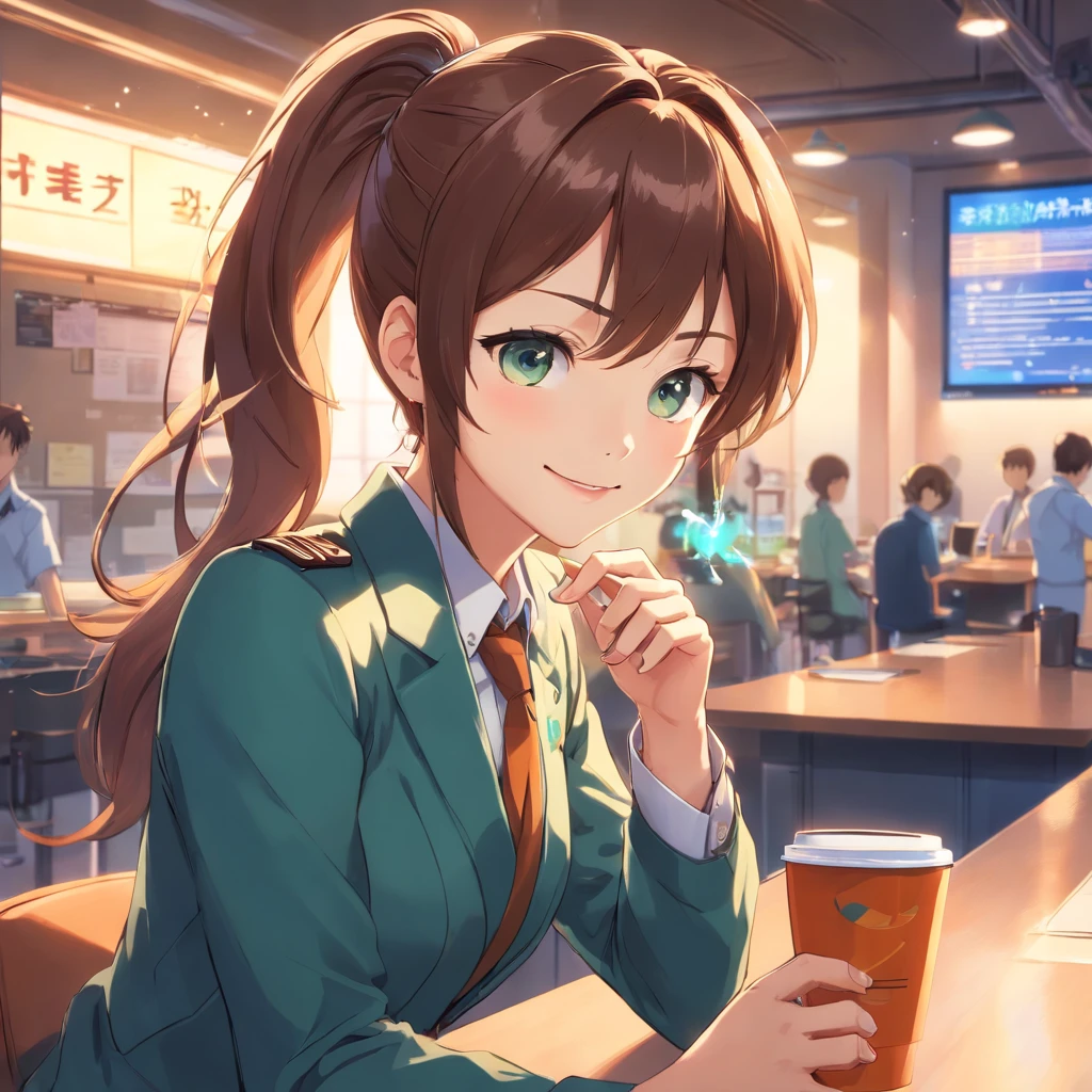 (highres,portrait),(best quality,ultra-detailed),
(hairstyle:high ponytail),(person:girl),(outfit:employee uniform),
(eyes:detailed,sparkling),(lips:detailed),(smile),(holding:a cup of coffee),
(background:office),(lighting:warm and soft),(color palette:warm tones)