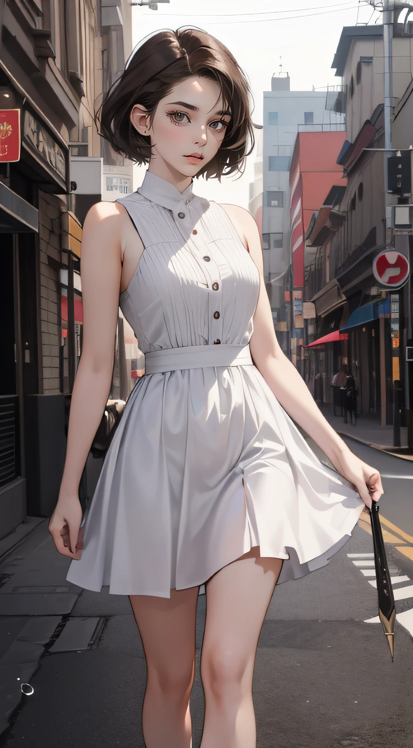 Masterpiece, Best quality, Realistic, 1人, cute female, Sexy and charming girl, 20-year-old girl, Very attractive looking girl, Extremely detailed face, ((dark gray eyes)), ((Right sweep dark brown short hair)),((short hair girl))， [Slender eyebrows], Detective, International city, Short white dress，Bigchest，Leaky shoulders，White sneakers，Pink stockings， Cinematic lighting, holding dagger, Postural dynamics,eyes looking at viewer，On the street，natta