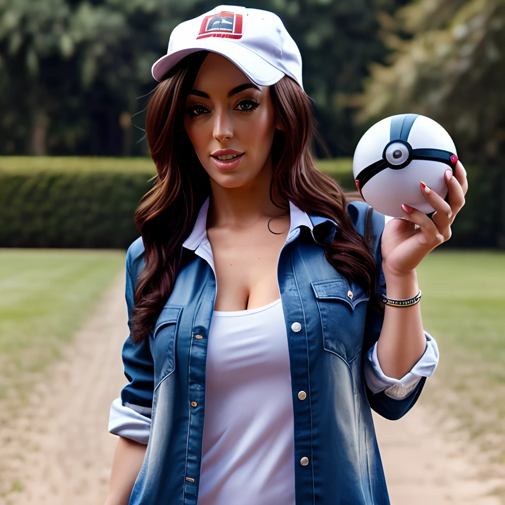 Detailed photorealistic full body picture of Lindsey_Strutt, dressed like the Ash Ketchum, cap, fully clothed, holding a pokeball, alluring, stunning, smirking, anatomical correct face, eyes accurate, windswept hair, posing