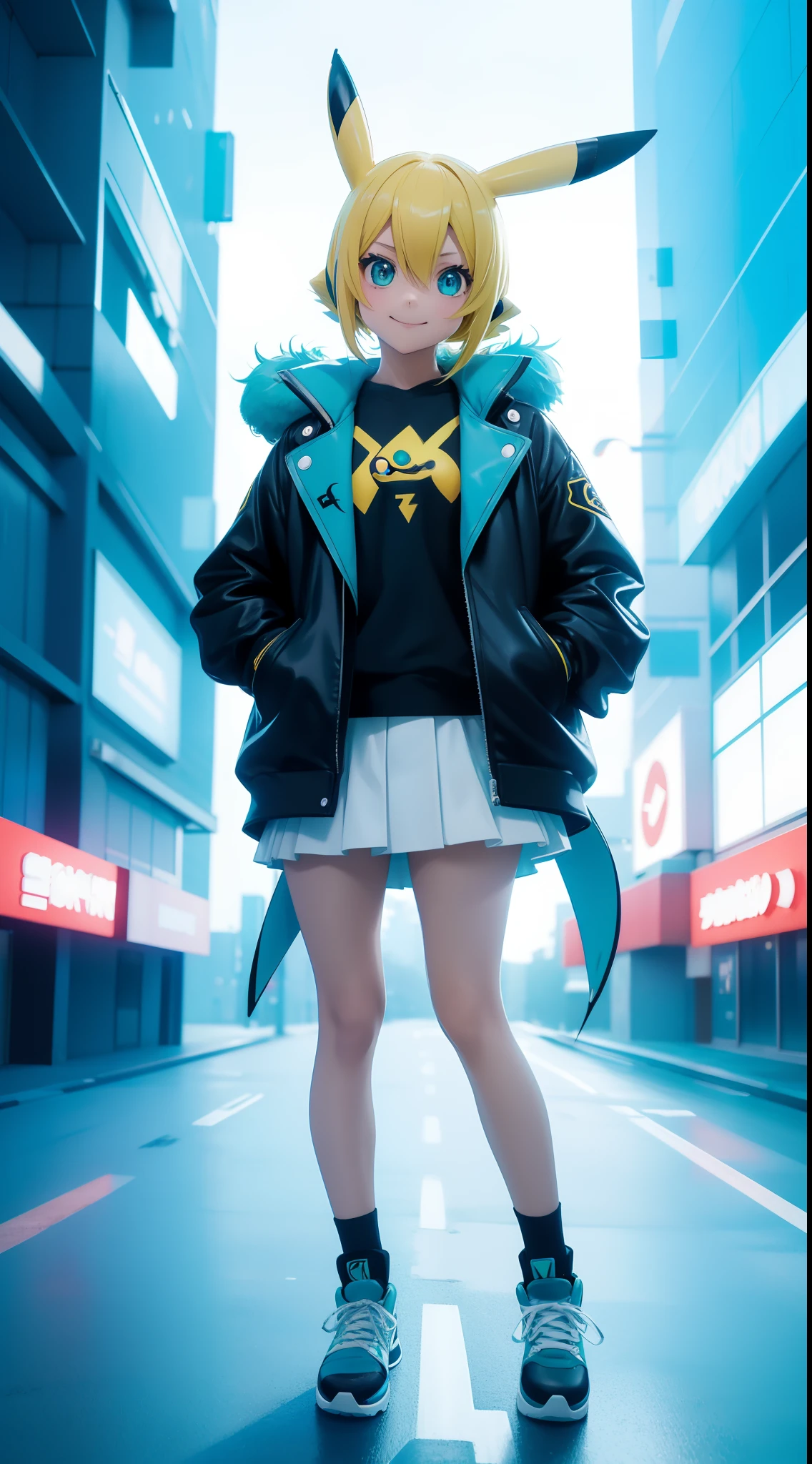 Pikachu、miku hatsune、Pokémon, Pikachu Coat，surrealism, Realism, Cinematic lighting, Fuji Film, Sony FE, Sony FE GM, hyper HD, masutepiece, High quality, hight resolution, Super Detail，Pikachu, A teenage girl, White skinned, hands in the pocket，sexy for, Smiling，leather jackets, Short denim skirt, Blonde hair, Gradient Hair, aqua eyes