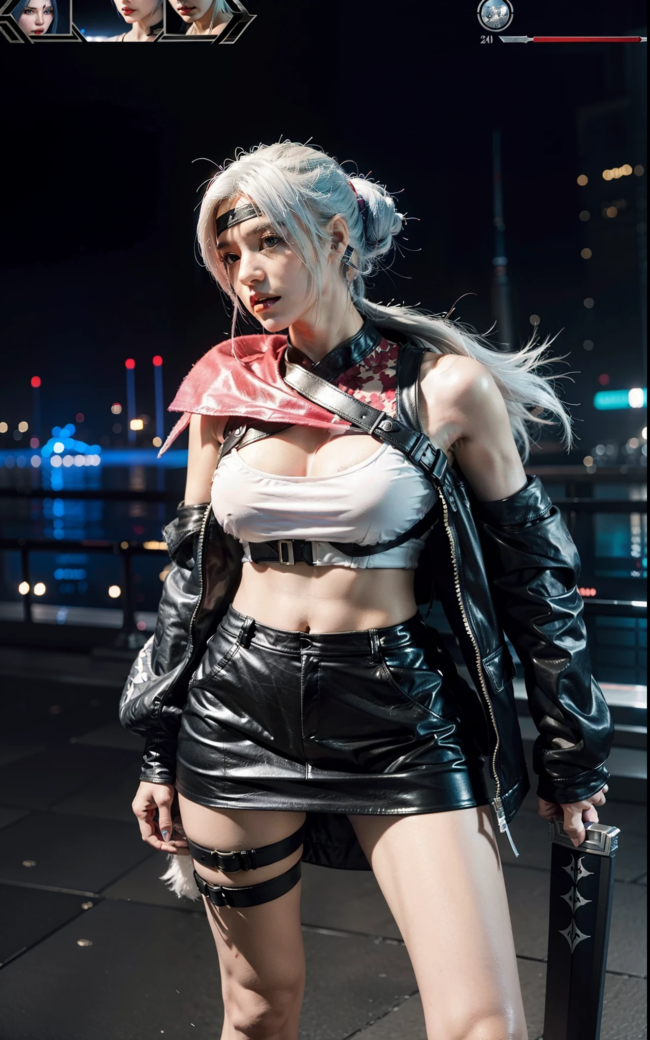 a close up of a person in a costume with a sword, as a character in tekken, female character, tifa lockhart with white hair, katana zero video game character, lunar themed attire, kda, slim body, cyborg - girl with silver hair, upper body avatar, fashion gameplay screenshot, fighting game character, new character, floralpunk elysian maiden, sigma female
