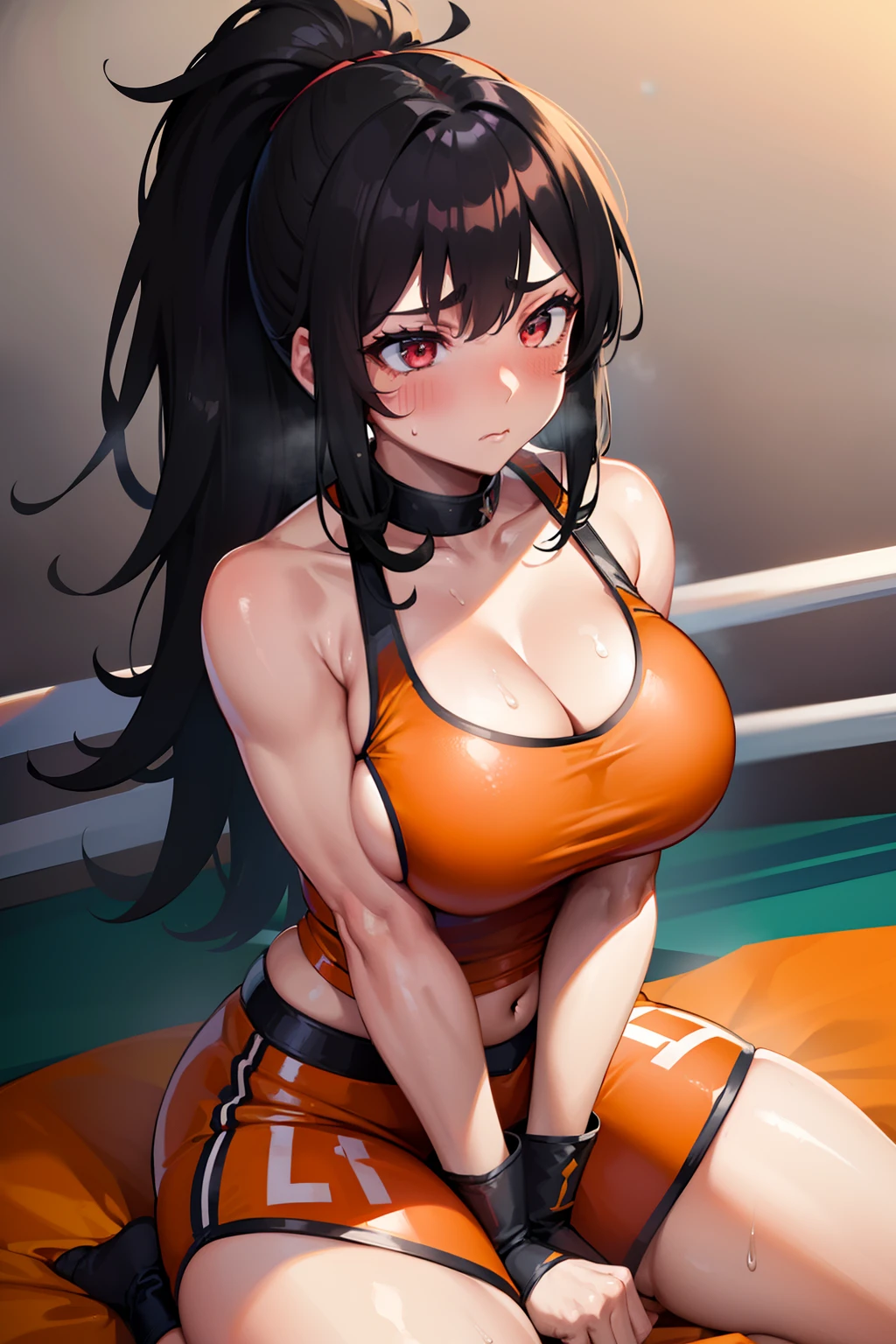 Wrestling, wwe, girl standing in ring, wwe ring, sweating, girl with black , ponytail curvy body cleavage, big boobs, blush, hot, wwe outfit, wrestling outfit, inside ring, wrestling, red eyes, black hair, wrestling outfit, blush, flustered, thicc, sitting on ground, sitting, sitting on floor, in pain, orange outfit