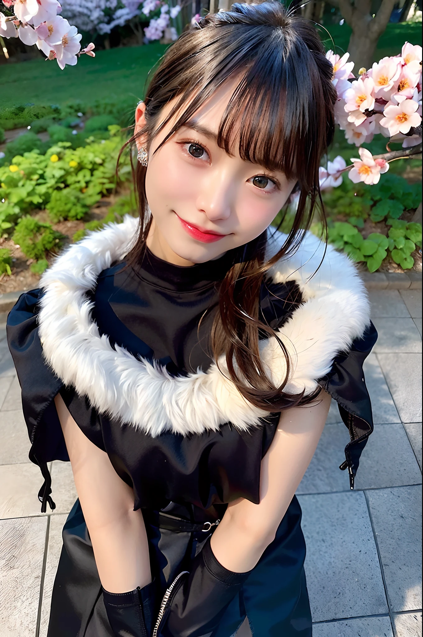 (top-quality、8K、32K、masuter piece、nffsw:1.2)、profile、(slim figure:1.2)、(s lips) 、18year old、Show your teeth and smile、耳Nipple Ring、Colossal tits、二重まぶた、shinny skin、Realistic rays、mare、beauitful face、(A smile:1.3)、crouching down、(From  above:1.2)、(a closeup:1.4)、blurry backround、(Front Focus)、(Dark: 1.6)、Fantasy Art、photoRealstic、Professional Lighting、extra detailed face、Award-winning、deep-shadows、A path lined with flourishing cherry blossom trees