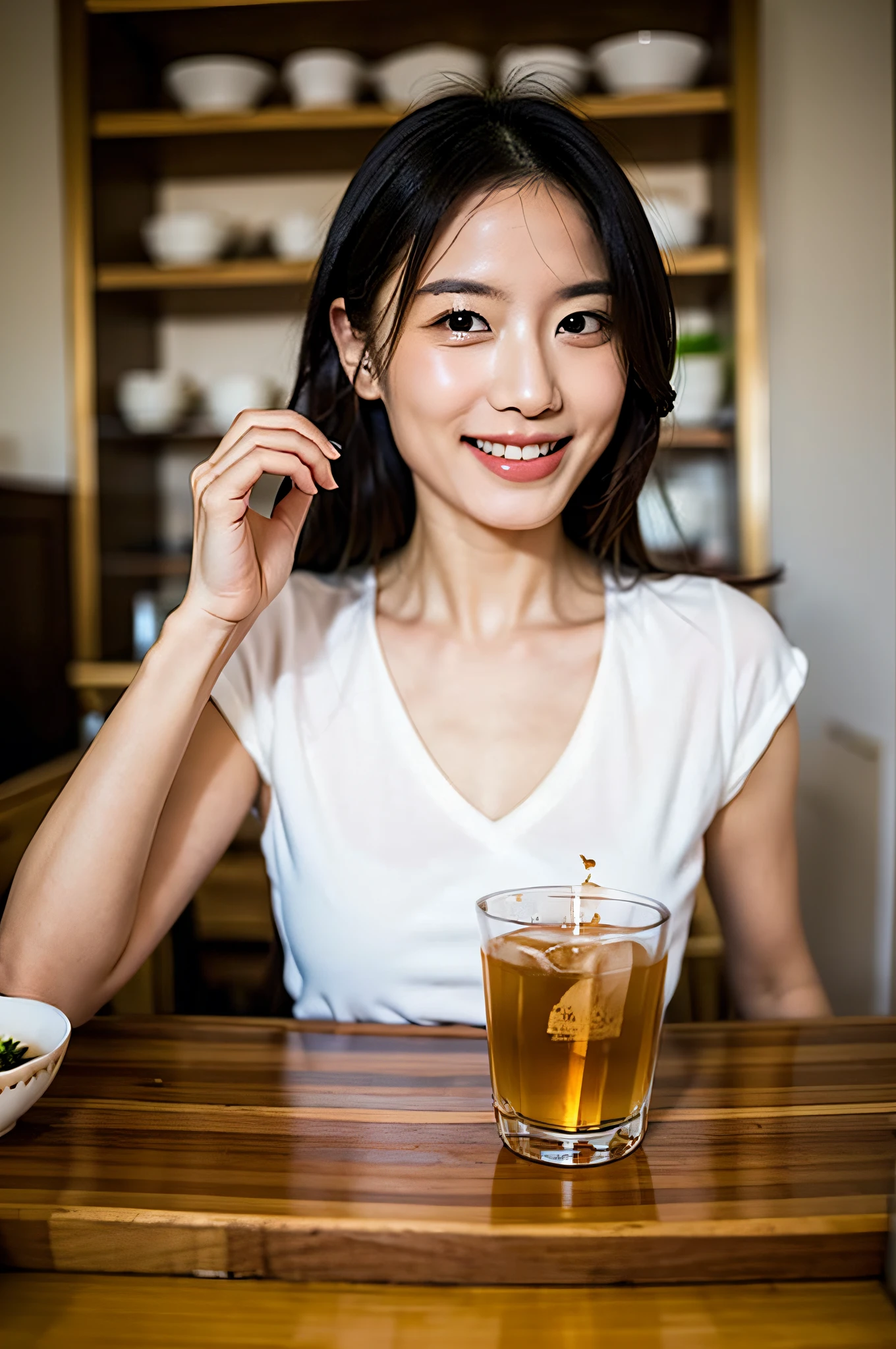 Smiling and drinking tea