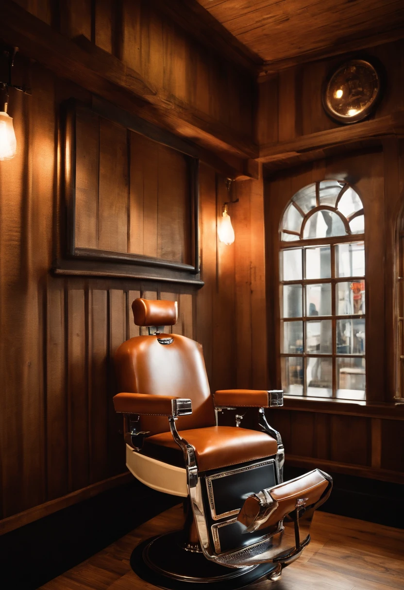 Um barbeiro cortando o cabelo de um cliente, em uma barbearia moderna, com espelhos grandes na parede, in a retro barber chair, rustic wooden waiting benches, piso quadriculado preto e branco, Realistic image, sharped image, rustic colors.