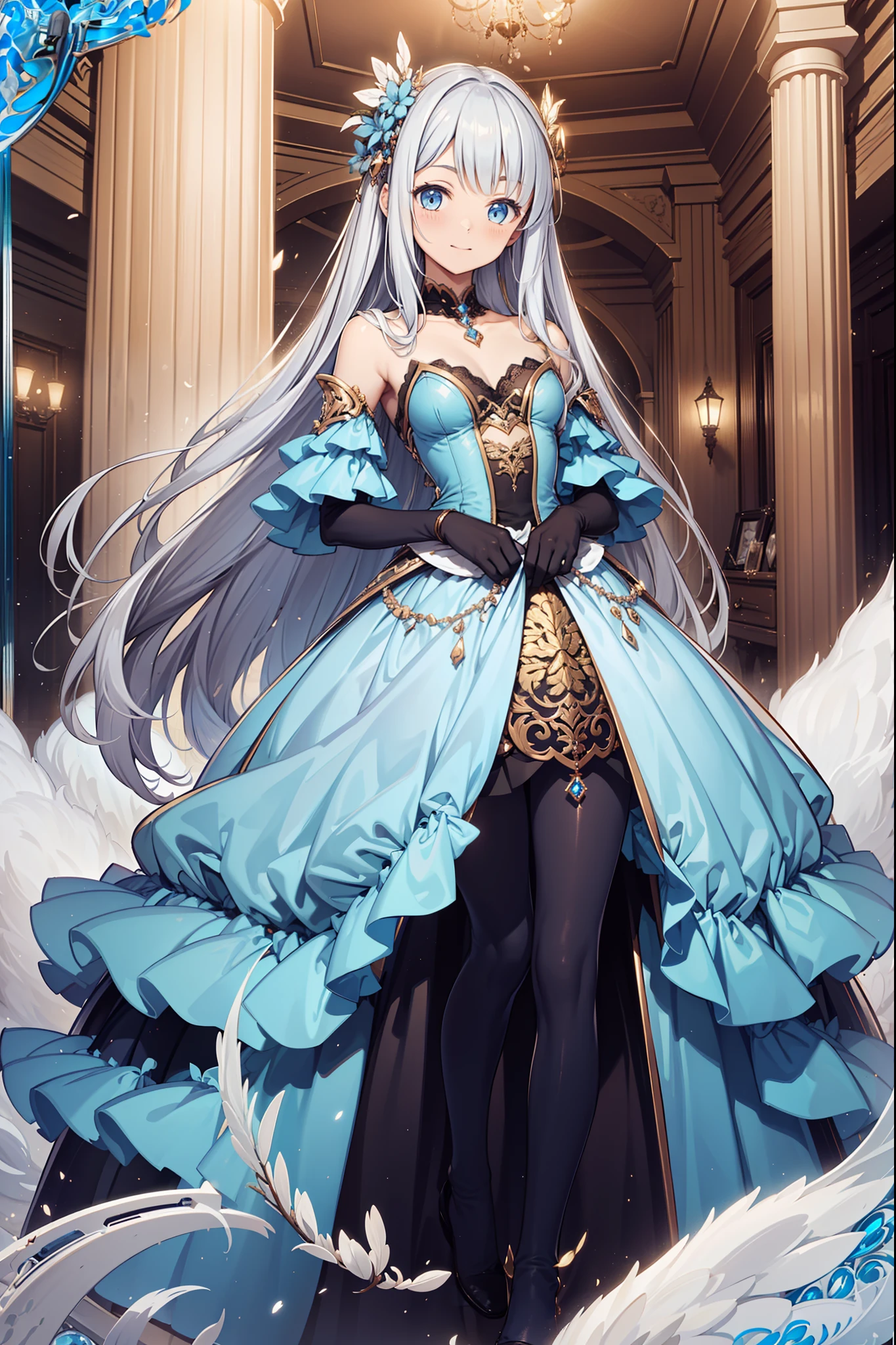 (Best quality, A high resolution, Textured skin, High quality, High details, High details,Extremely detailed CG unity),teens girl，Enchanted，having fun，Being in love，Princess dress in white fantasy world，Light silver hair，eBlue eyes，A small amount of lilac pattern，A small amount of sky blue cloth，(see-through transparent clothes)，exquisite costumes，Bedrooms，solo person，the night，Simple pantyhose，A small amount of lace，Dazzle